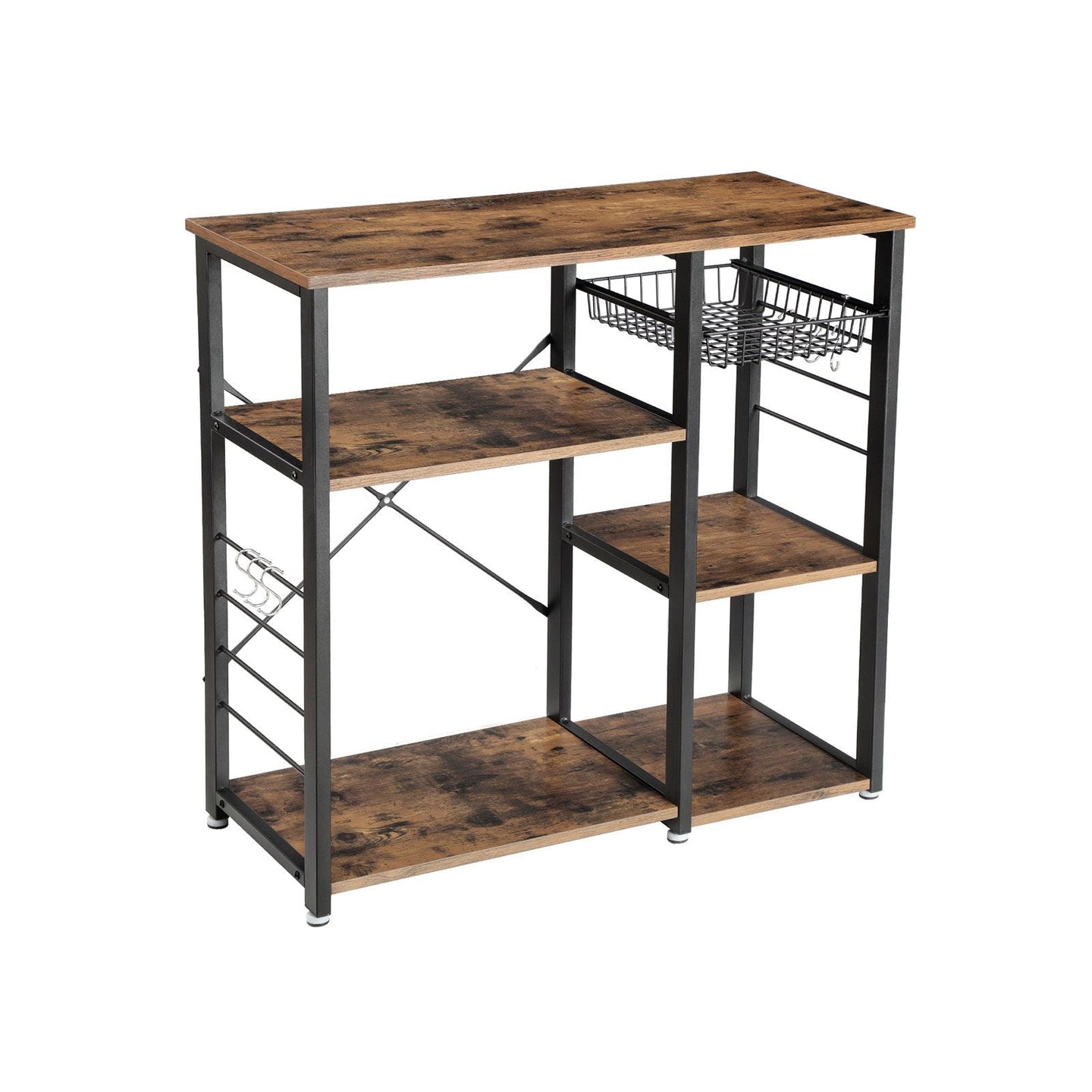 Metal Frame Kitchen Shelf - Metal - Multifunctional Storage with Wire Basket and Hooks