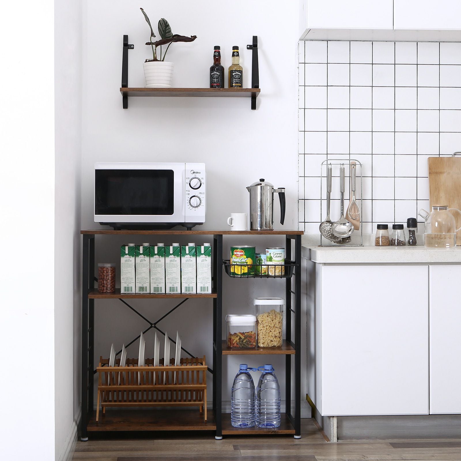 Metal Frame Kitchen Shelf - Metal - Multifunctional Storage with Wire Basket and Hooks