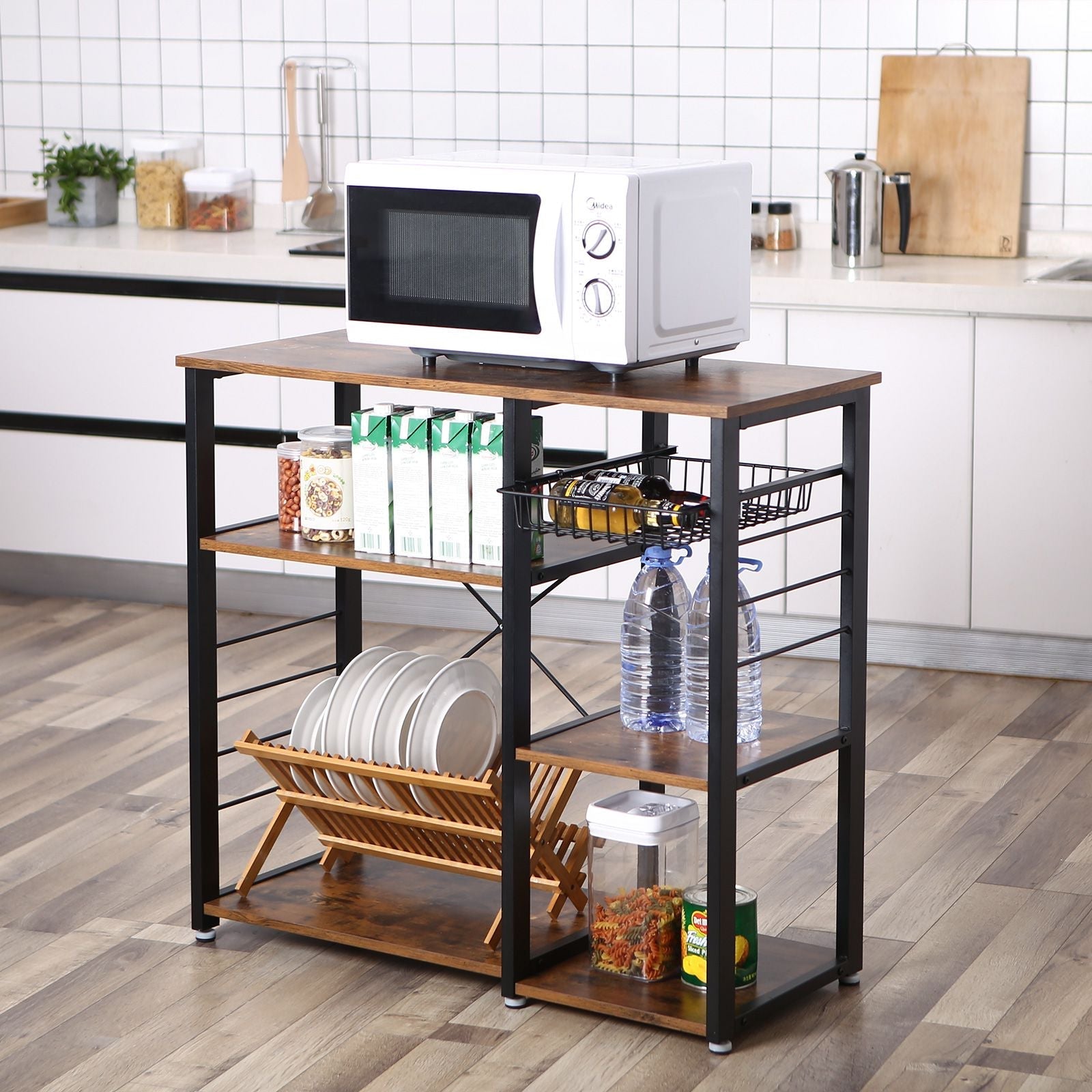 Metal Frame Kitchen Shelf - Metal - Multifunctional Storage with Wire Basket and Hooks