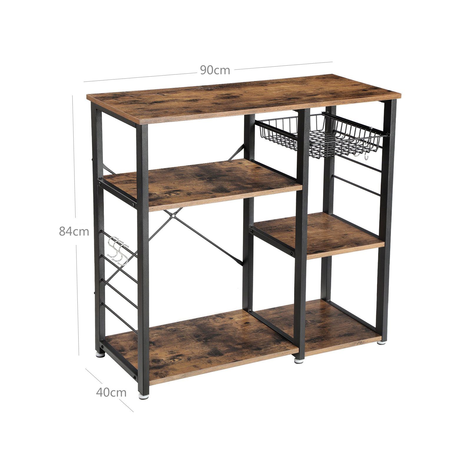 Metal Frame Kitchen Shelf - Metal - Multifunctional Storage with Wire Basket and Hooks