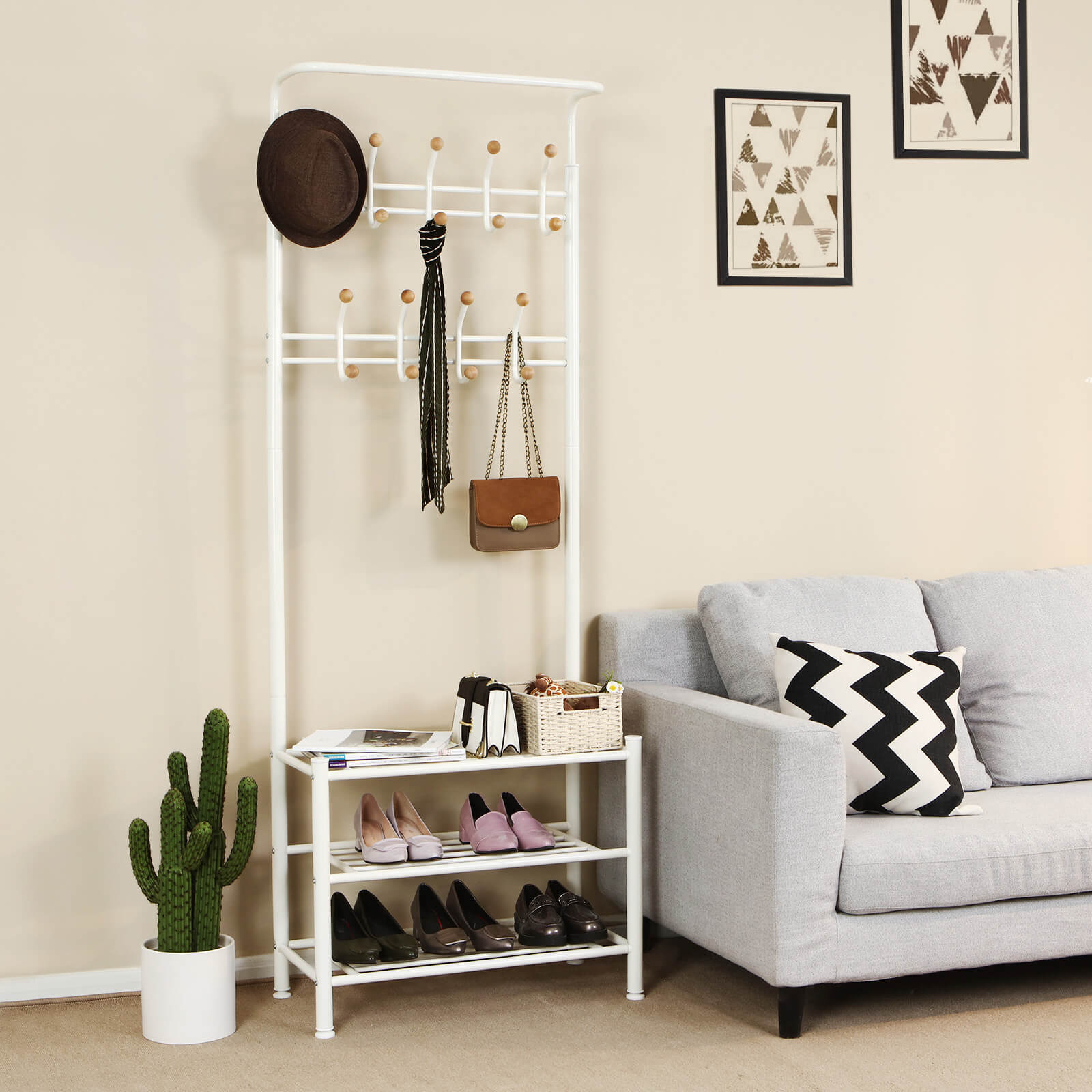 Metal Hallway Rack - Metal - Cream - Multifunctional Coat and Shoe Organizer
