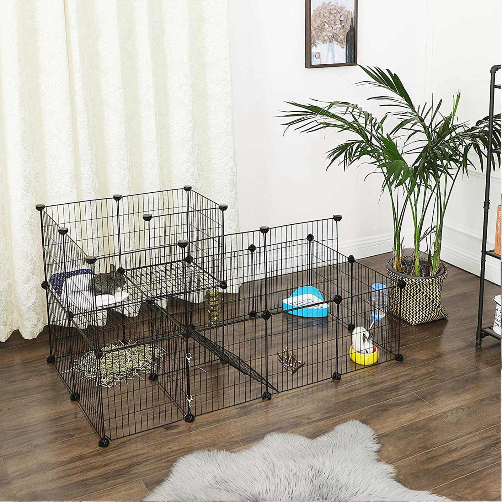 Pet Playpen - Metal Mesh - Black - Customisable Fence with Door for Small Animals