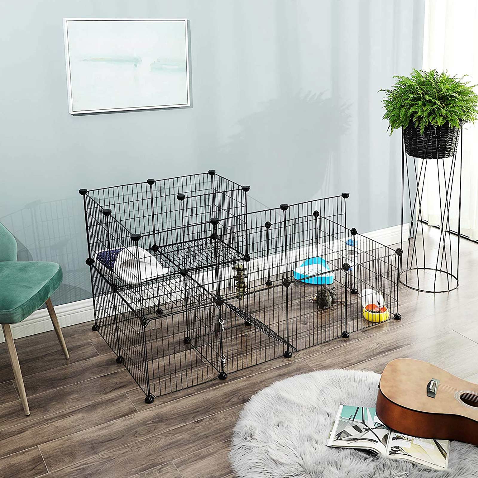Pet Playpen - Metal Mesh - Black - Customisable Fence with Door for Small Animals