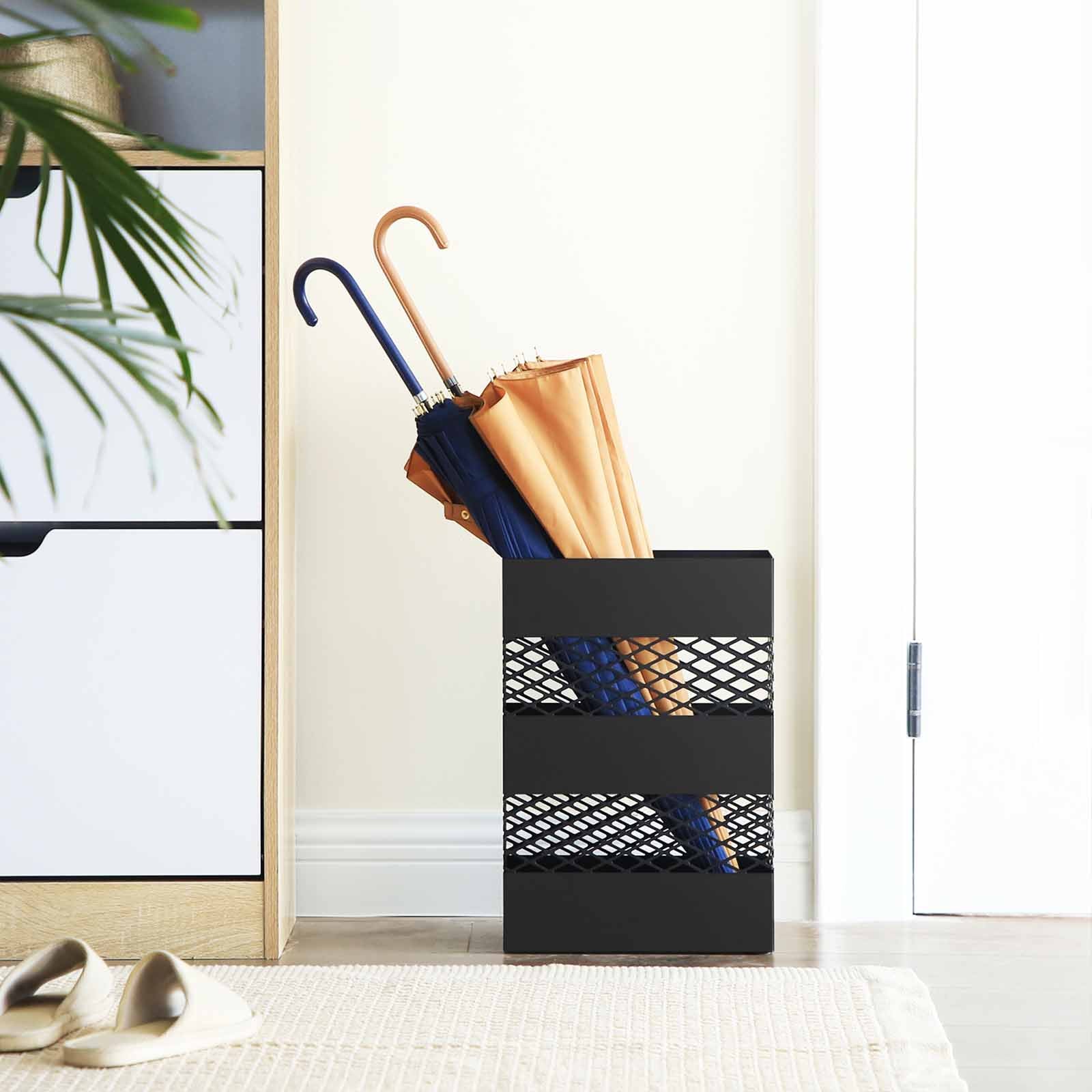 Umbrella Stand - Metal - Anthracite Grey - Rectangular with Water Tray and 4 Hooks