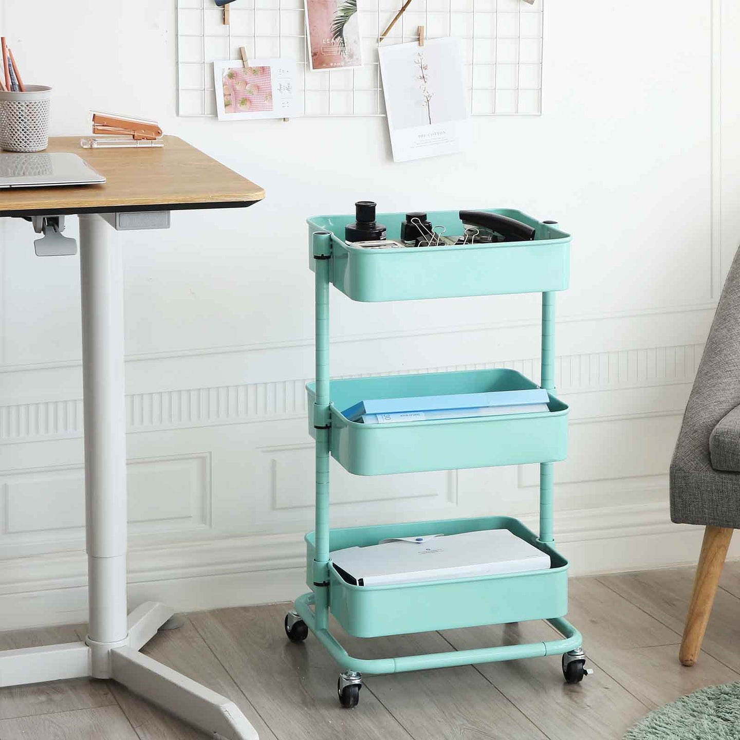 Metal Rolling Cart - Metal - Mint Green - 3-Tier Design with Height Adjustable Shelves and Brakes