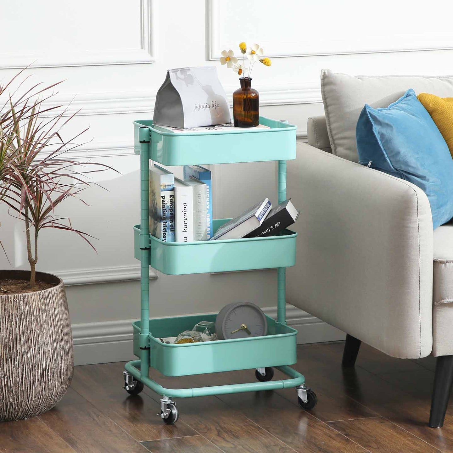 Metal Rolling Cart - Metal - Mint Green - 3-Tier Design with Height Adjustable Shelves and Brakes