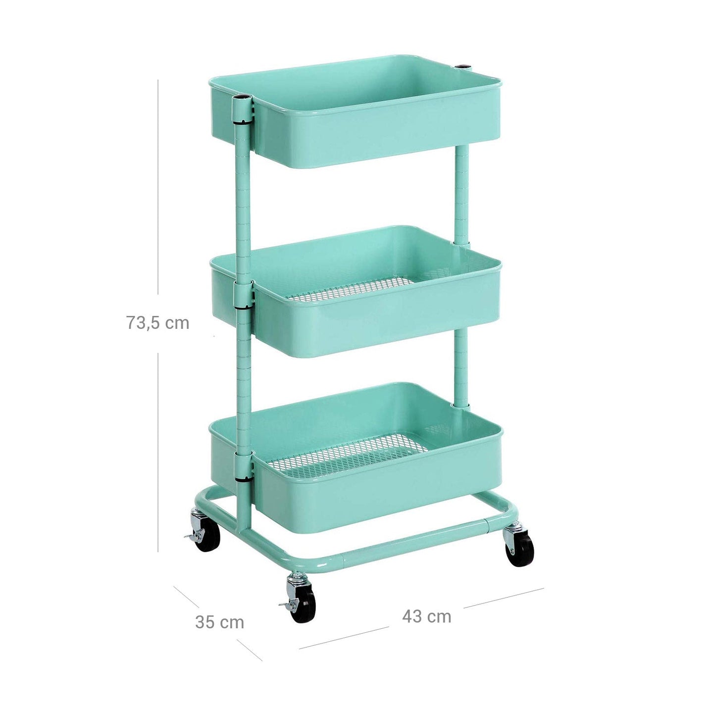 Metal Rolling Cart - Metal - Mint Green - 3-Tier Design with Height Adjustable Shelves and Brakes