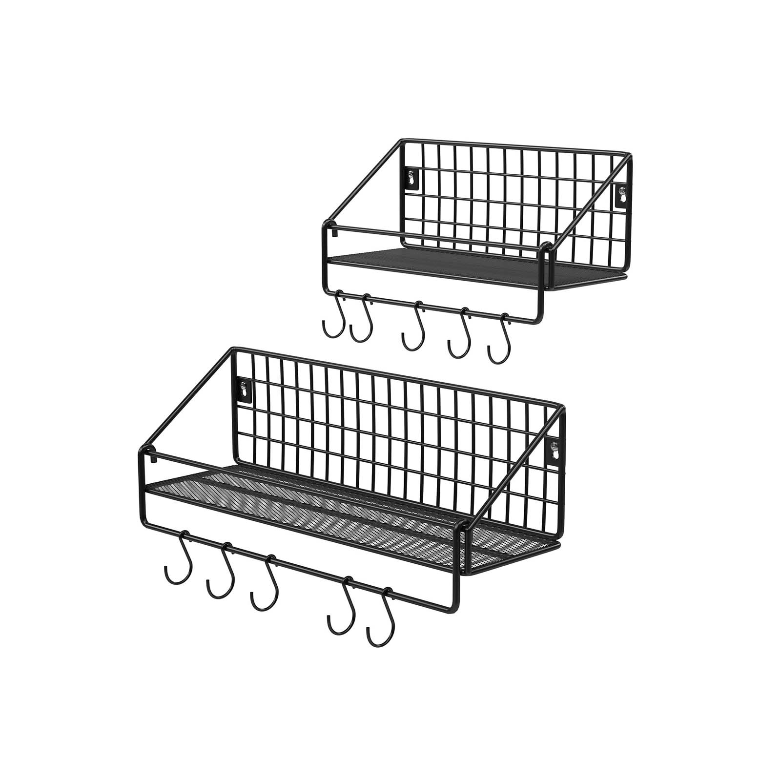 Metal Wall Shelves - Metal - Black - Set of 2 with Hooks