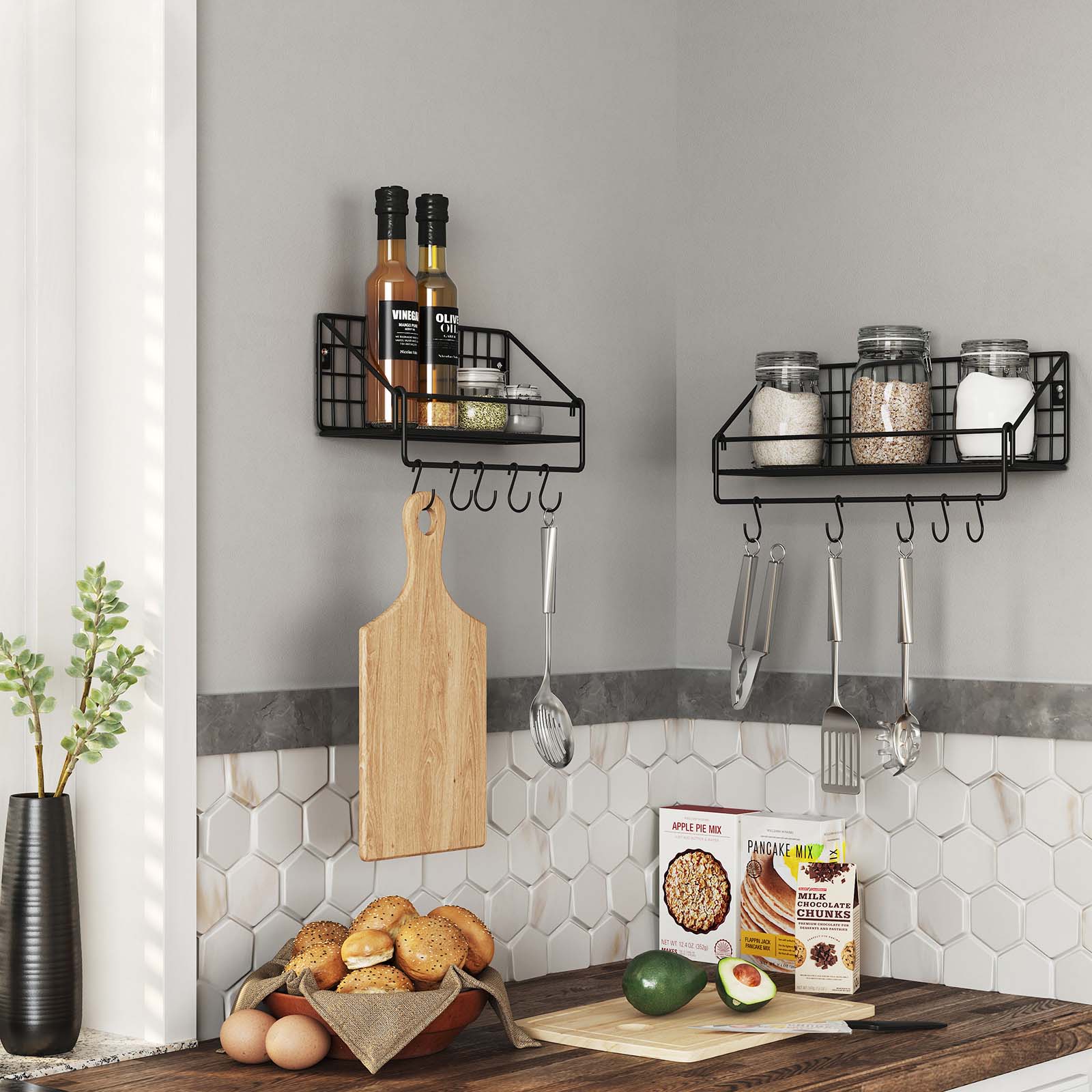 Metal Wall Shelves - Metal - Black - Set of 2 with Hooks