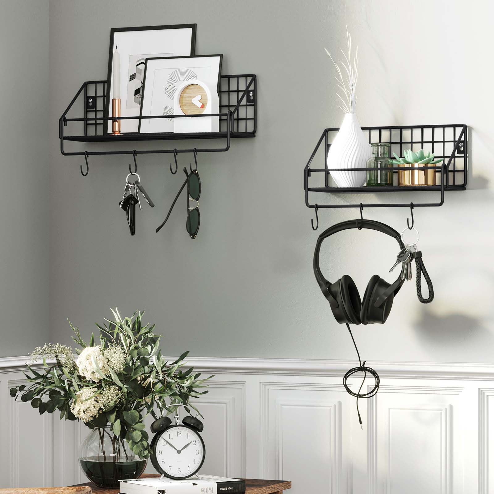 Metal Wall Shelves - Metal - Black - Set of 2 with Hooks