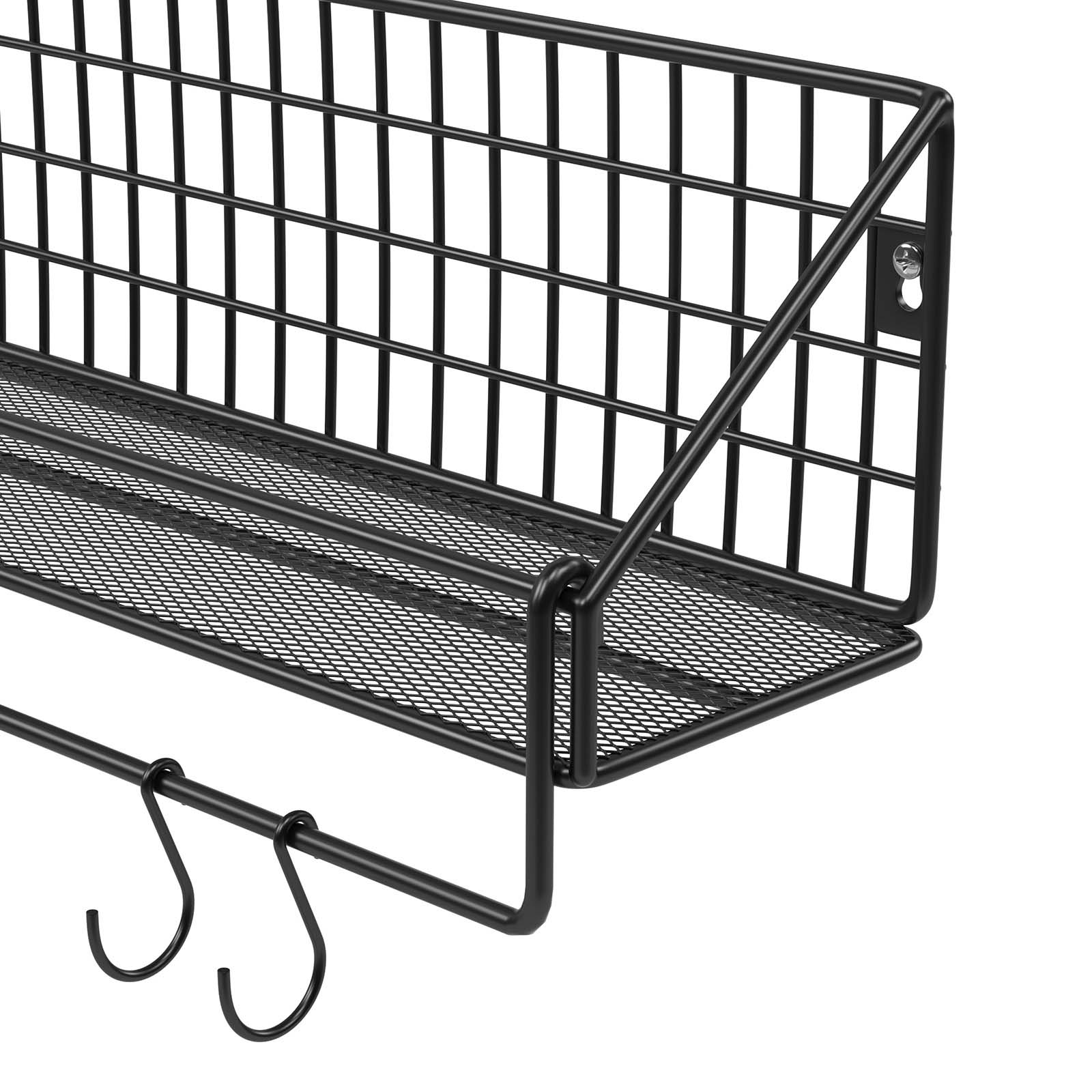 Metal Wall Shelves - Metal - Black - Set of 2 with Hooks
