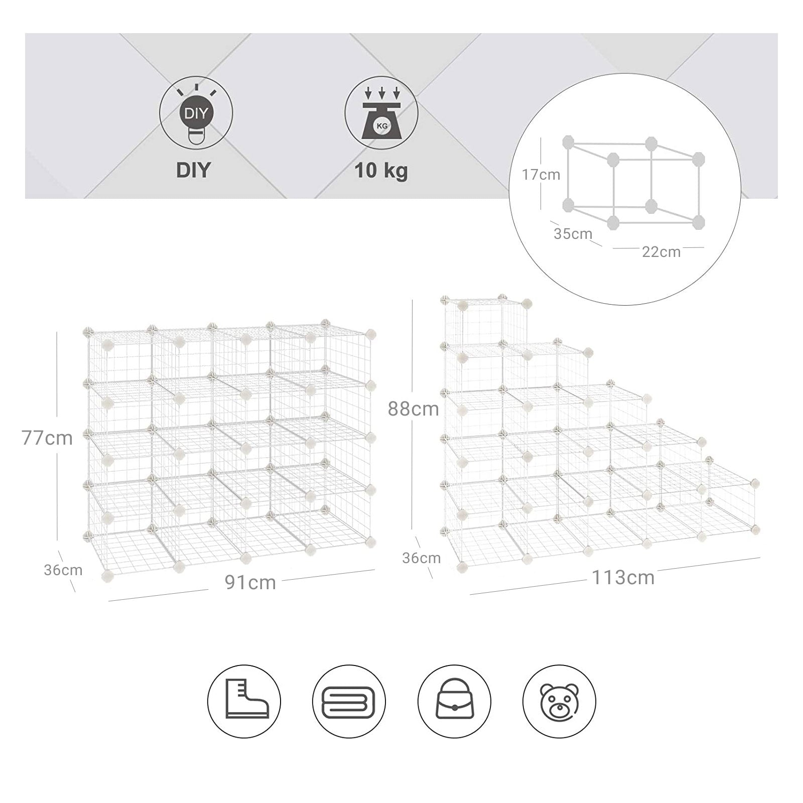 Modular DIY Storage Unit - 16 Cube Design - Metal Wire - White