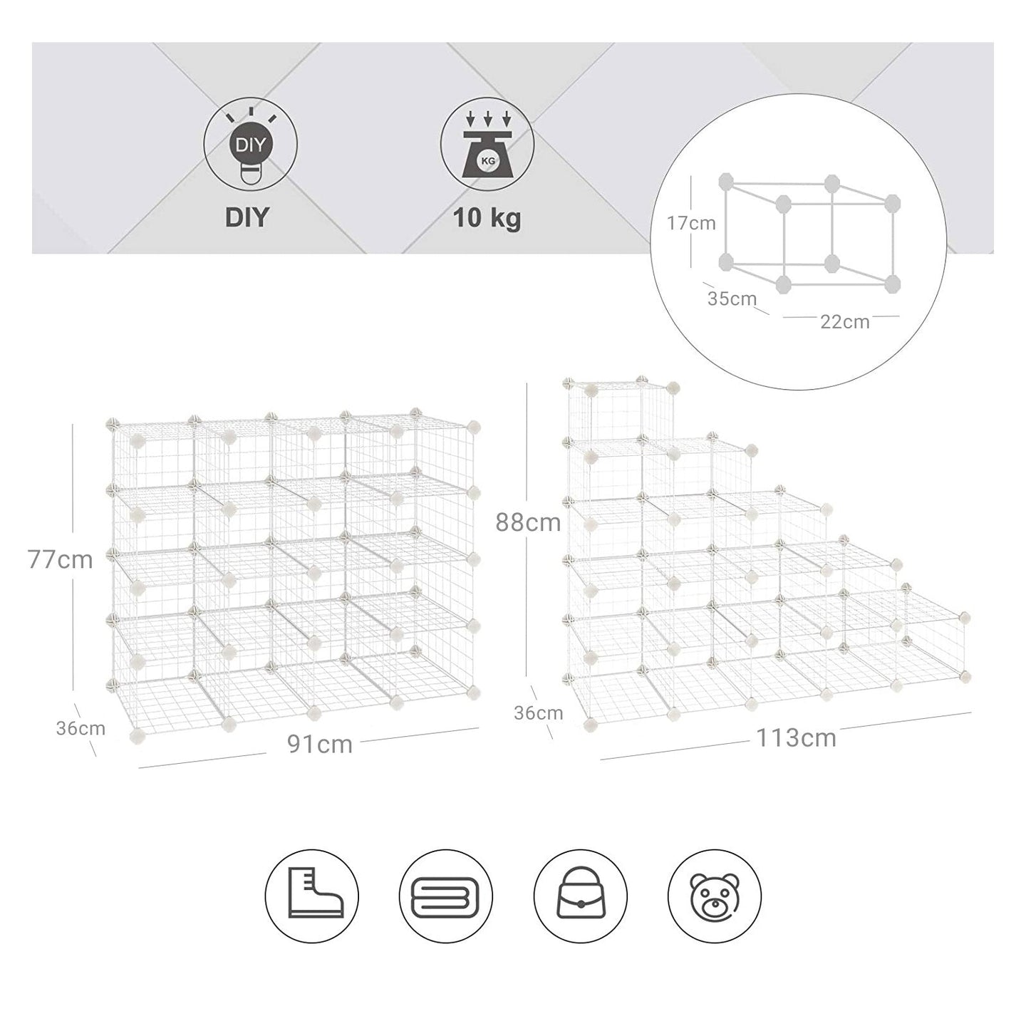 Modular DIY Storage Unit - 16 Cube Design - Metal Wire - White