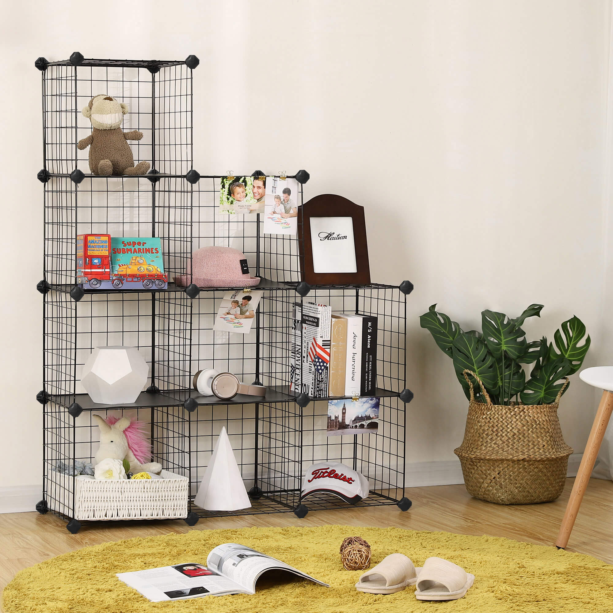 Metal Wire Modular Bookcase - Metal Wire - White - Interlocking Design with 9 Cubes for Versatile Storage