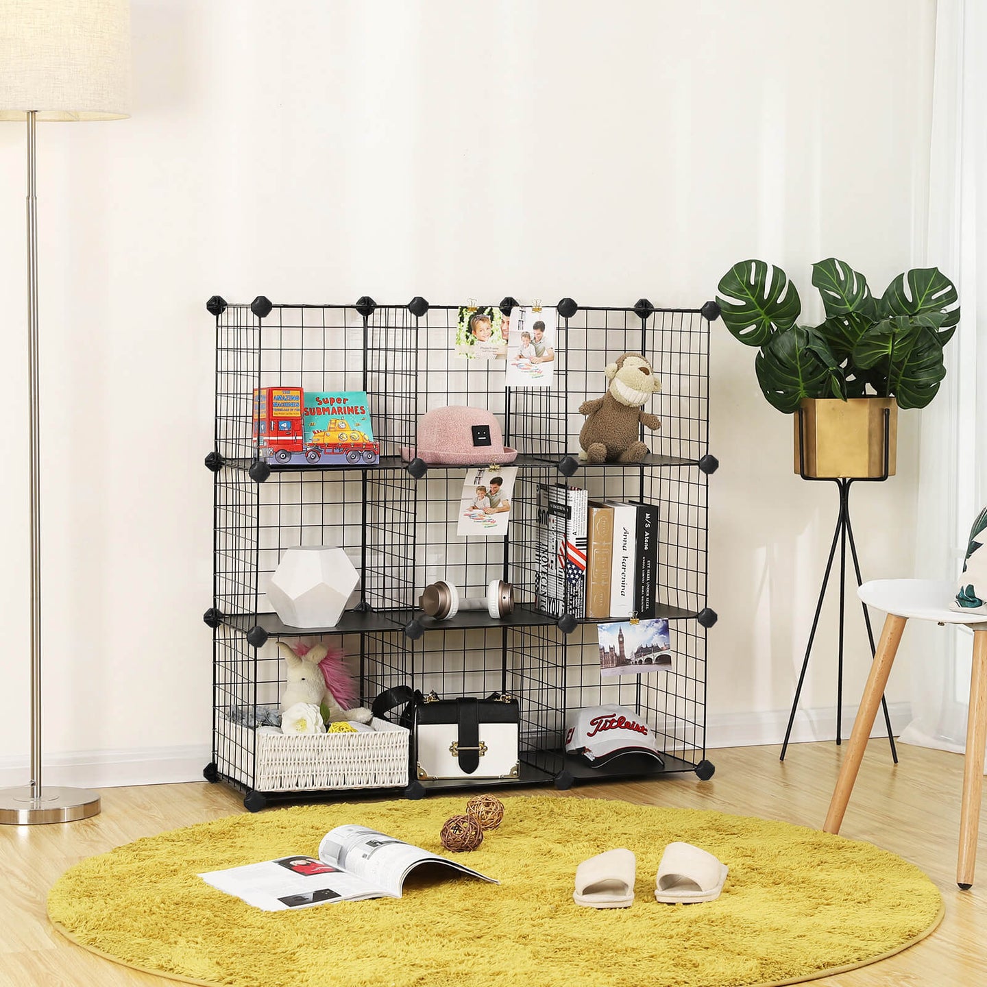 Metal Wire Modular Bookcase - Metal Wire - White - Interlocking Design with 9 Cubes for Versatile Storage