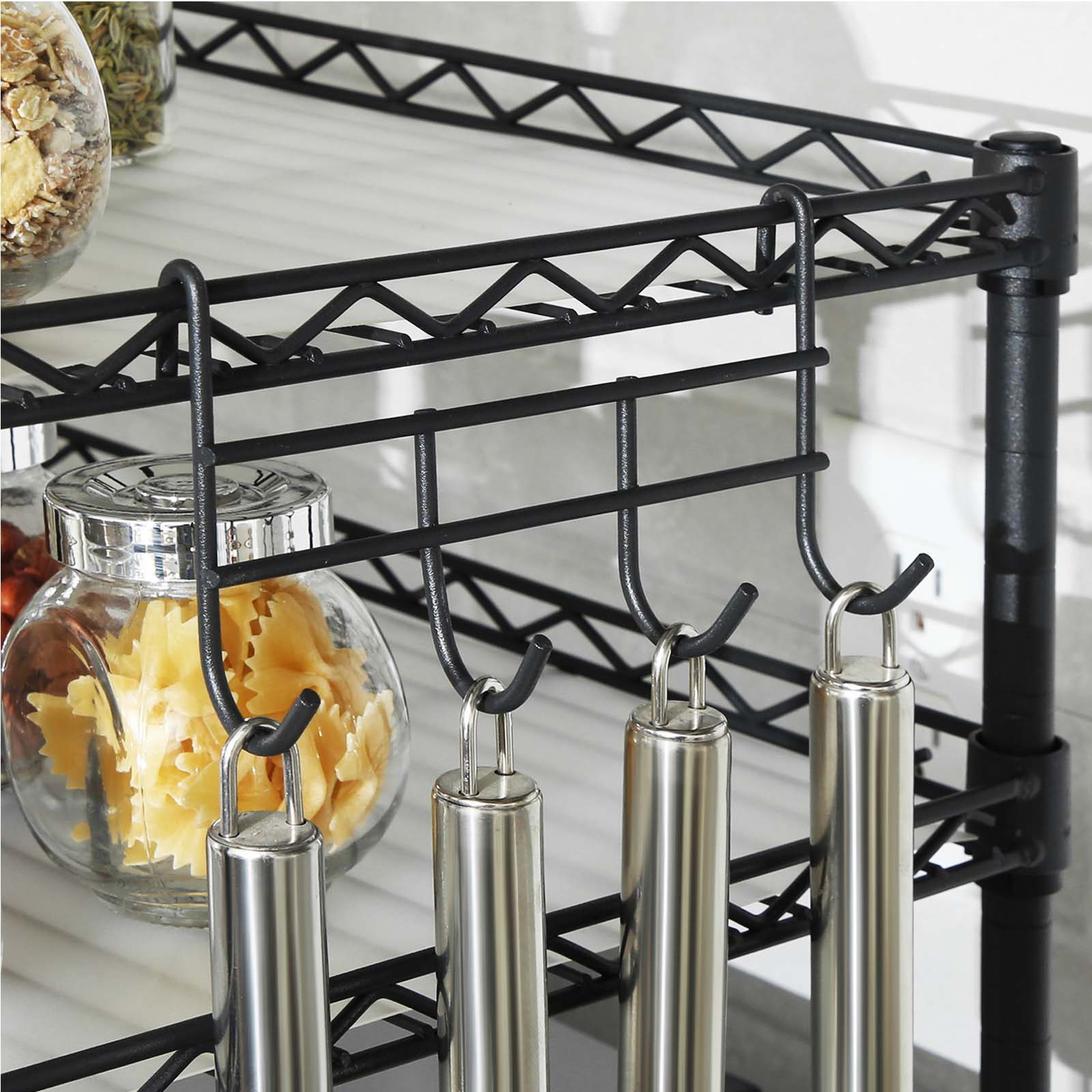 Microwave Oven Rack - Metal - Charcoal Grey - 2-Tier with Adjustable Shelves and Hooks