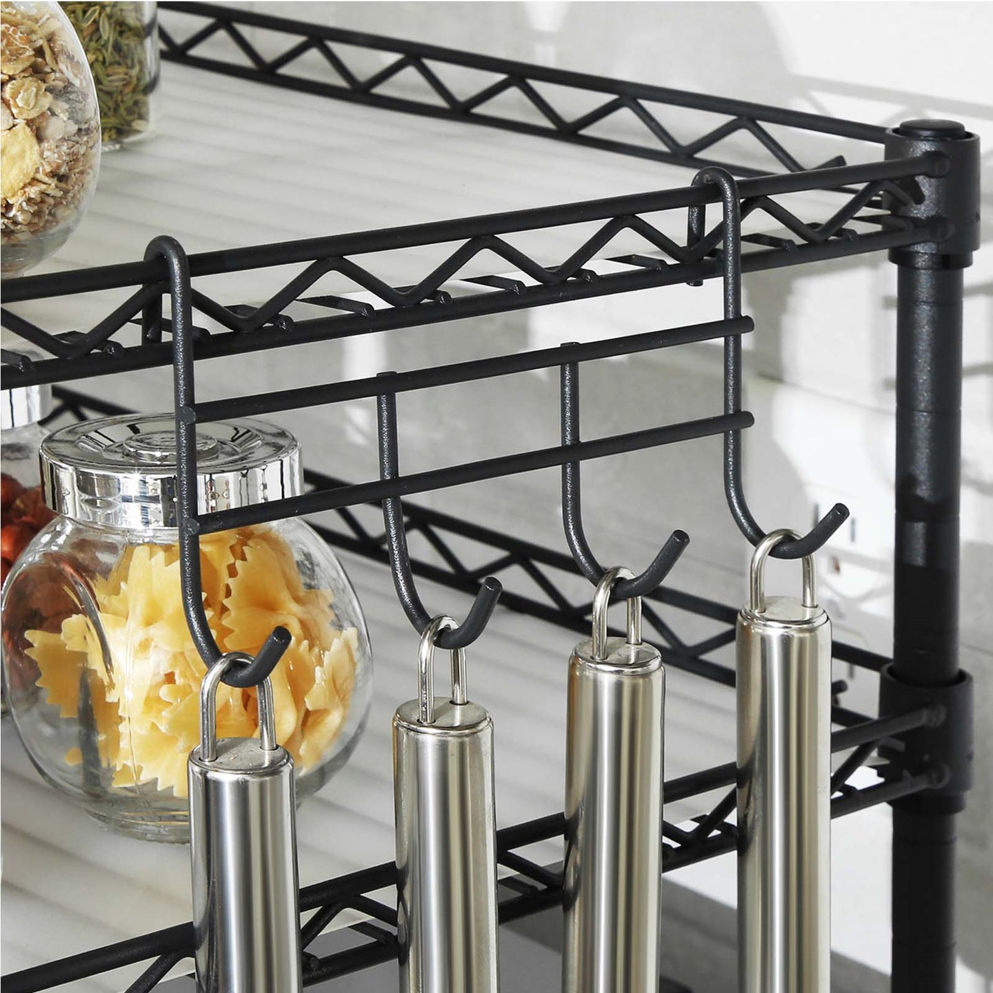 Microwave Oven Rack - Metal - Charcoal Grey - 2-Tier with Adjustable Shelves and Hooks