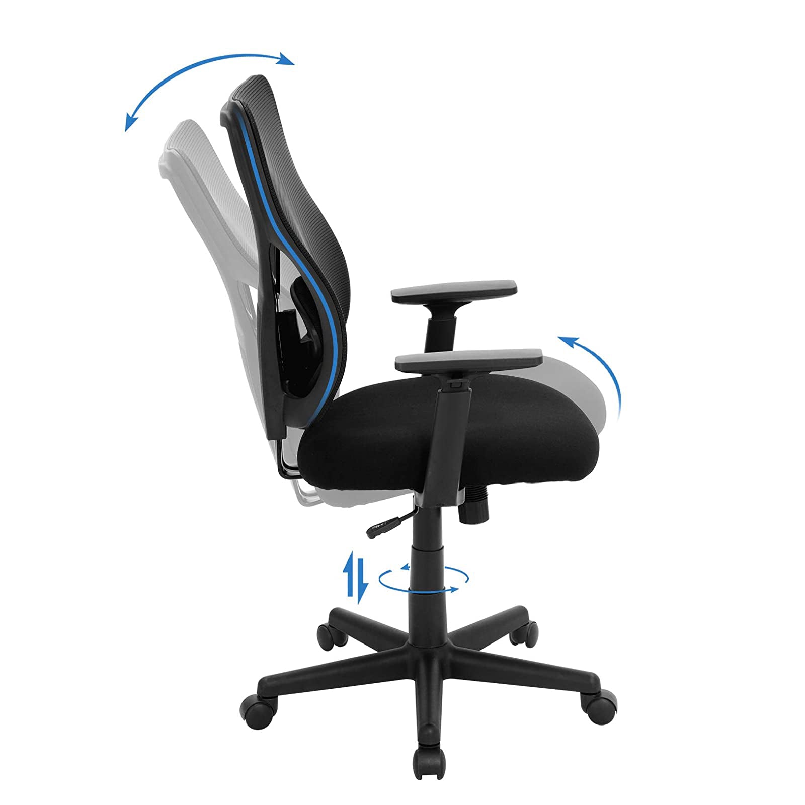 Mid-back Office Chair - Mesh - Black - Ergonomic with Adjustable Lumbar Support and Armrests