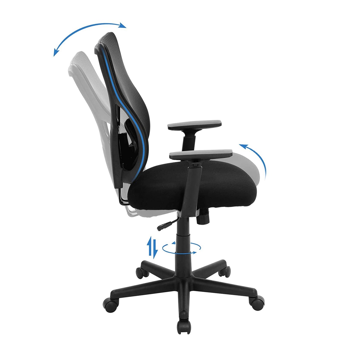 Mid-back Office Chair - Mesh - Black - Ergonomic with Adjustable Lumbar Support and Armrests