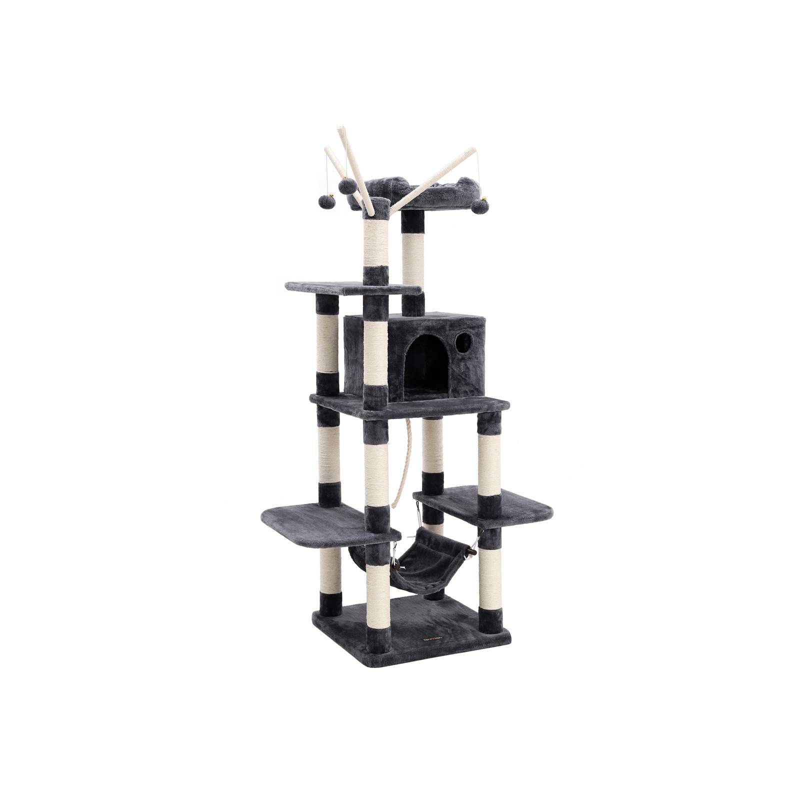 Cat Tree - Engineered Wood - Grey - Multi-Level with Hammock and Scratching Post