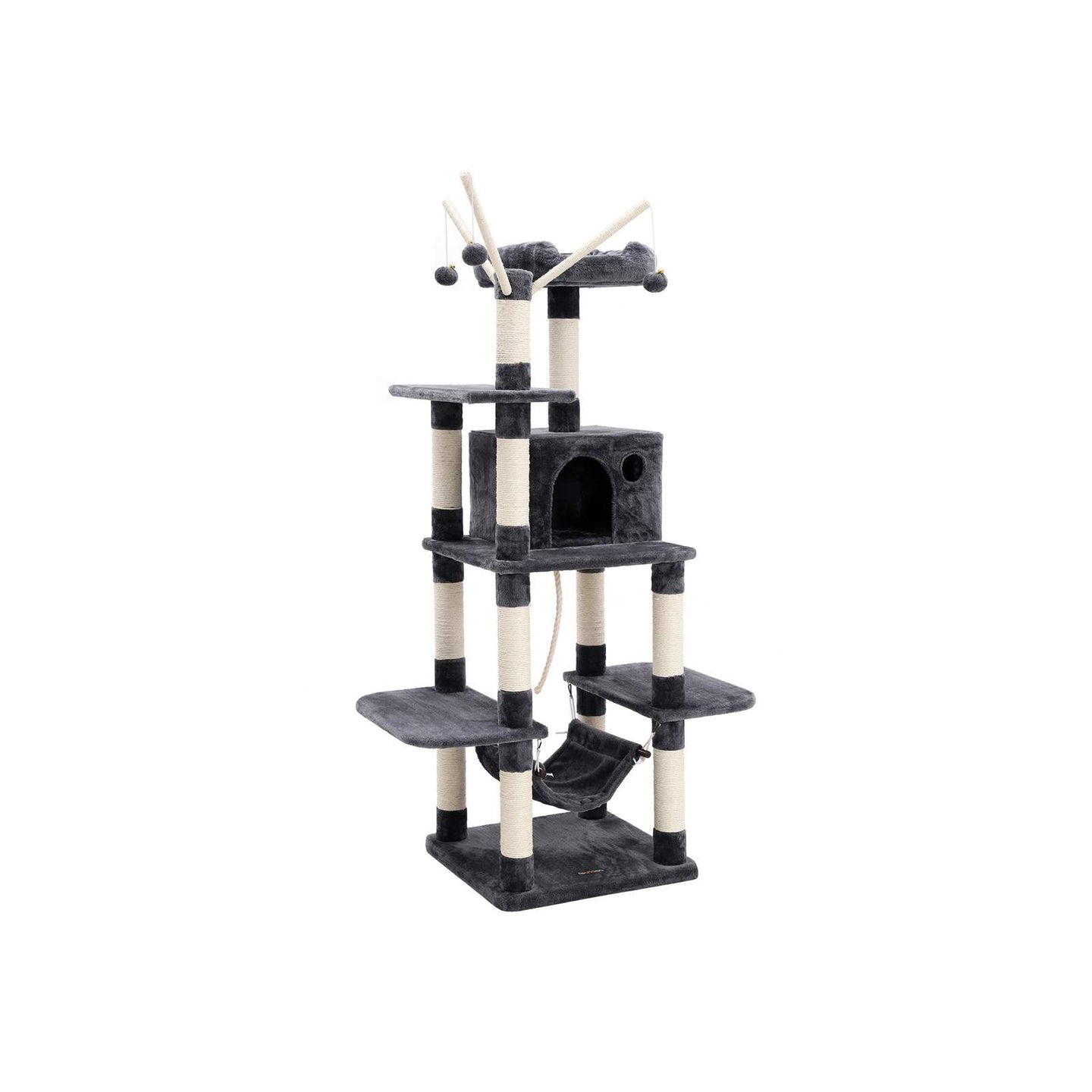 Cat Tree - Engineered Wood - Grey - Multi-Level with Hammock and Scratching Post