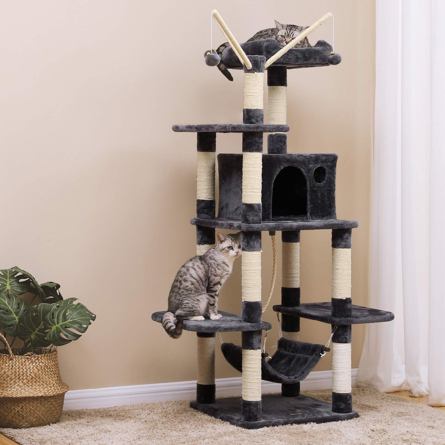 Cat Tree - Engineered Wood - Grey - Multi-Level with Hammock and Scratching Post