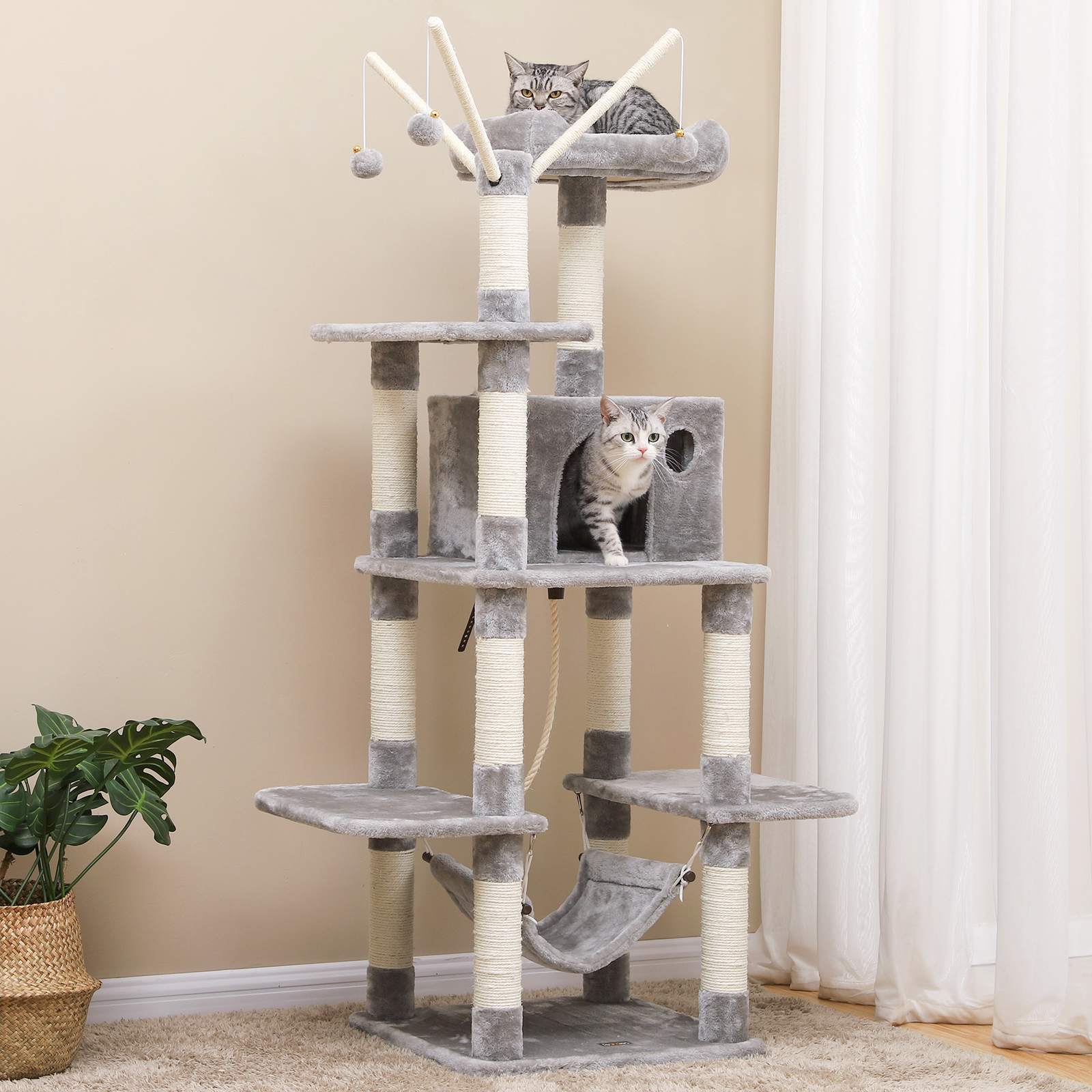 Cat Tree - Wood - Light Grey - Hammock and Scratching Post