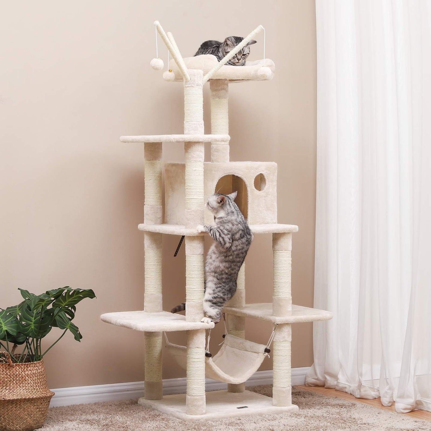 Cat Tree - Engineered Wood - Grey - Multi-Level with Hammock and Scratching Post