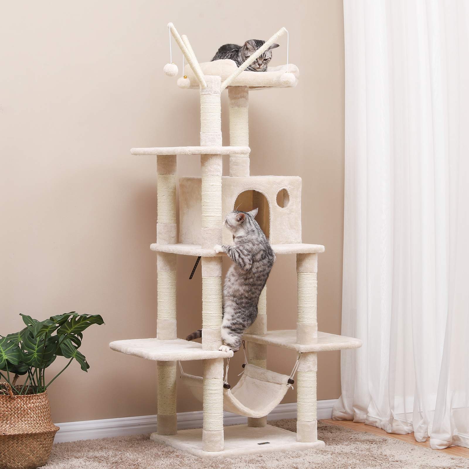 Cat Tree - Engineered Wood - Grey - Multi-Level with Hammock and Scratching Post