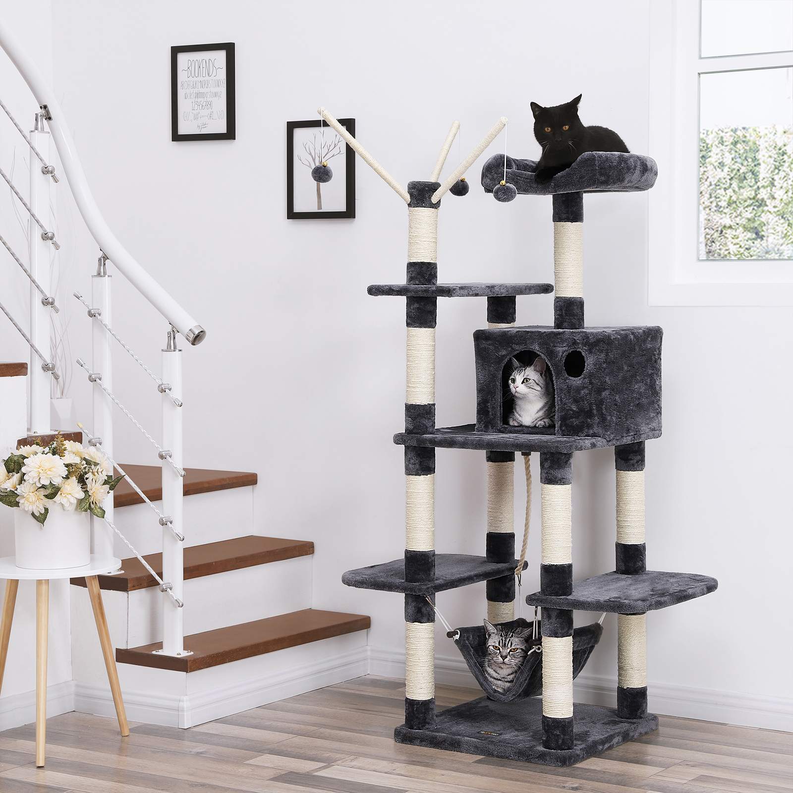 Cat Tree - Engineered Wood - Grey - Multi-Level with Hammock and Scratching Post