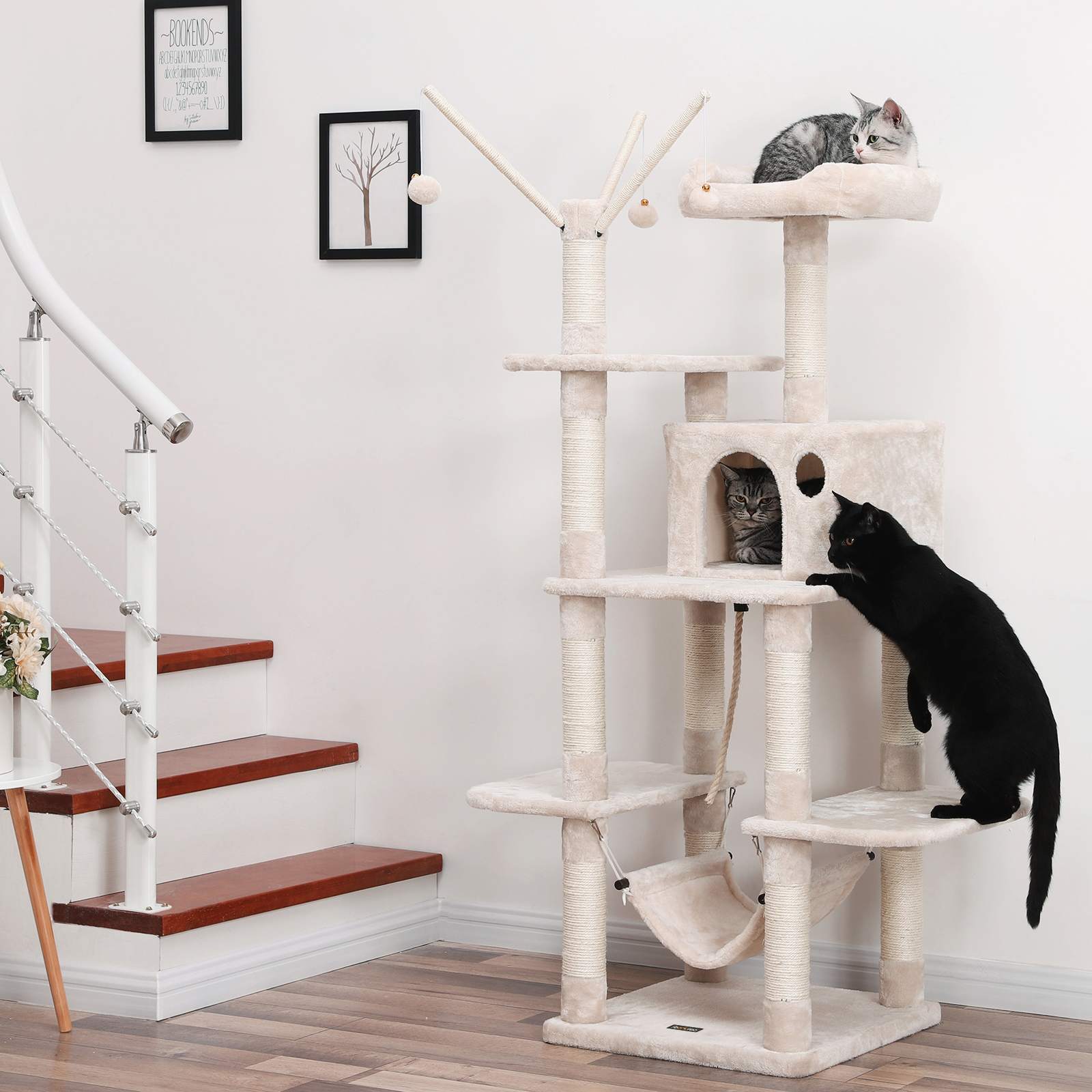 Cat Tree - Engineered Wood - Grey - Multi-Level with Hammock and Scratching Post