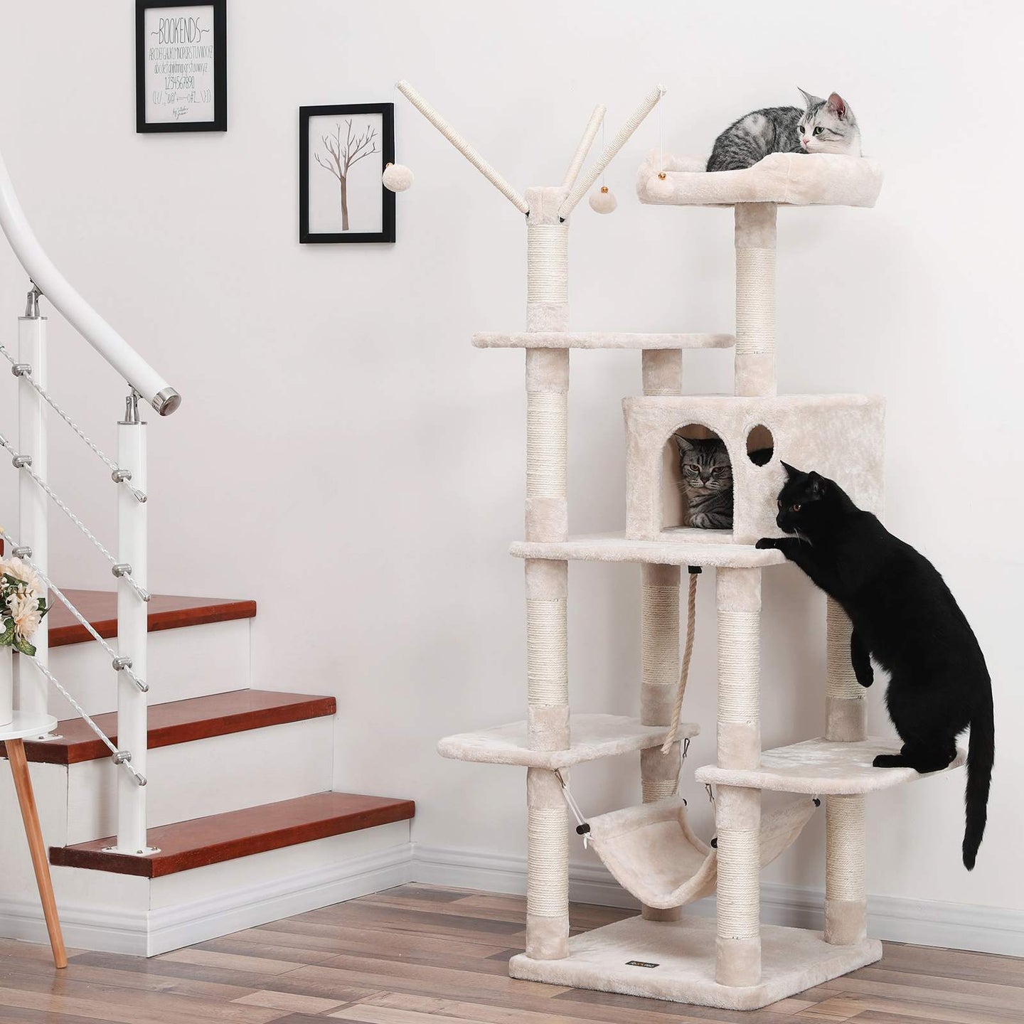 Cat Tree - Engineered Wood - Grey - Multi-Level with Hammock and Scratching Post