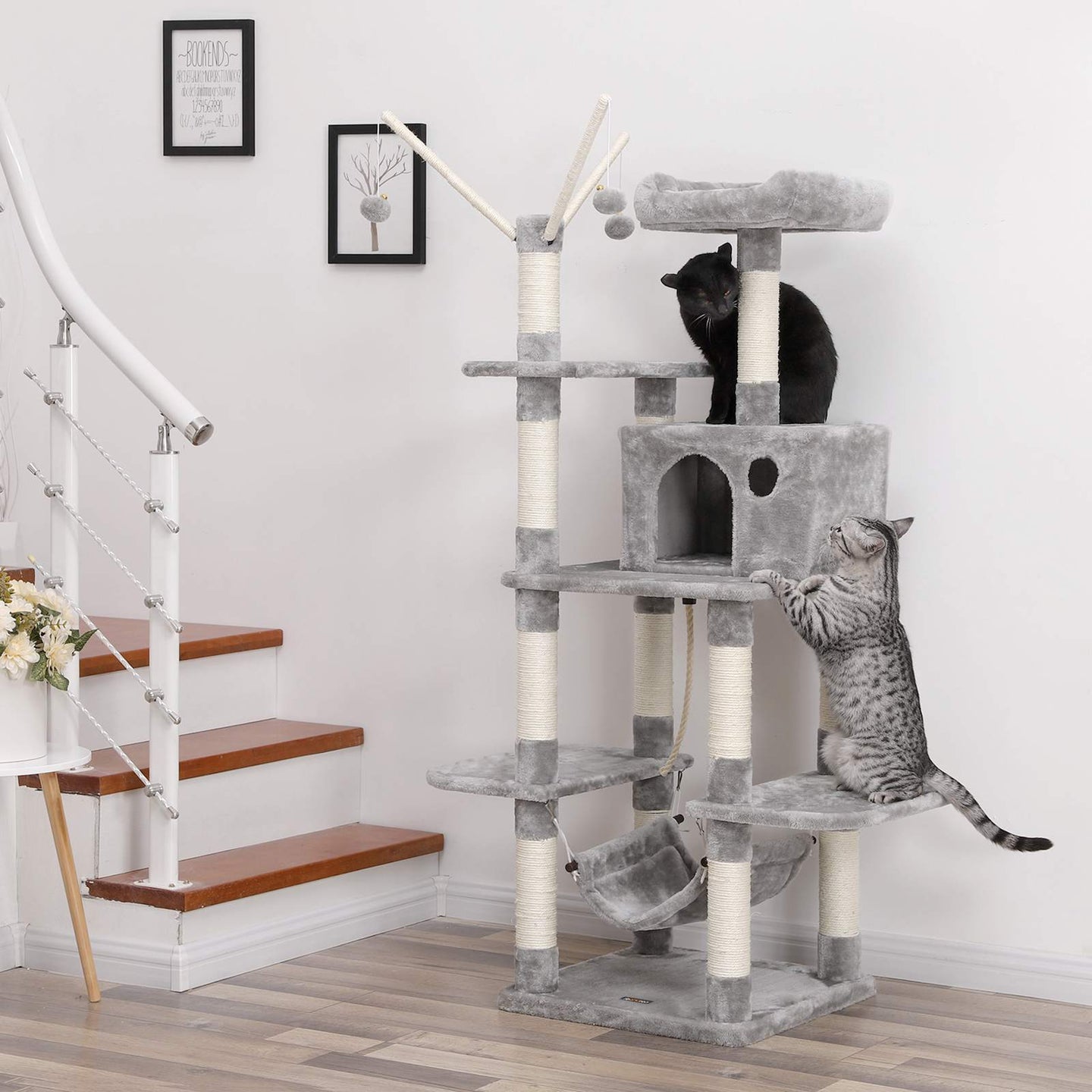 Cat Tree - Wood - Light Grey - Hammock and Scratching Post