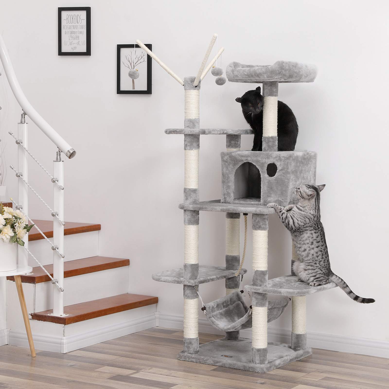 Cat Tree - Wood - Light Grey - Hammock and Scratching Post