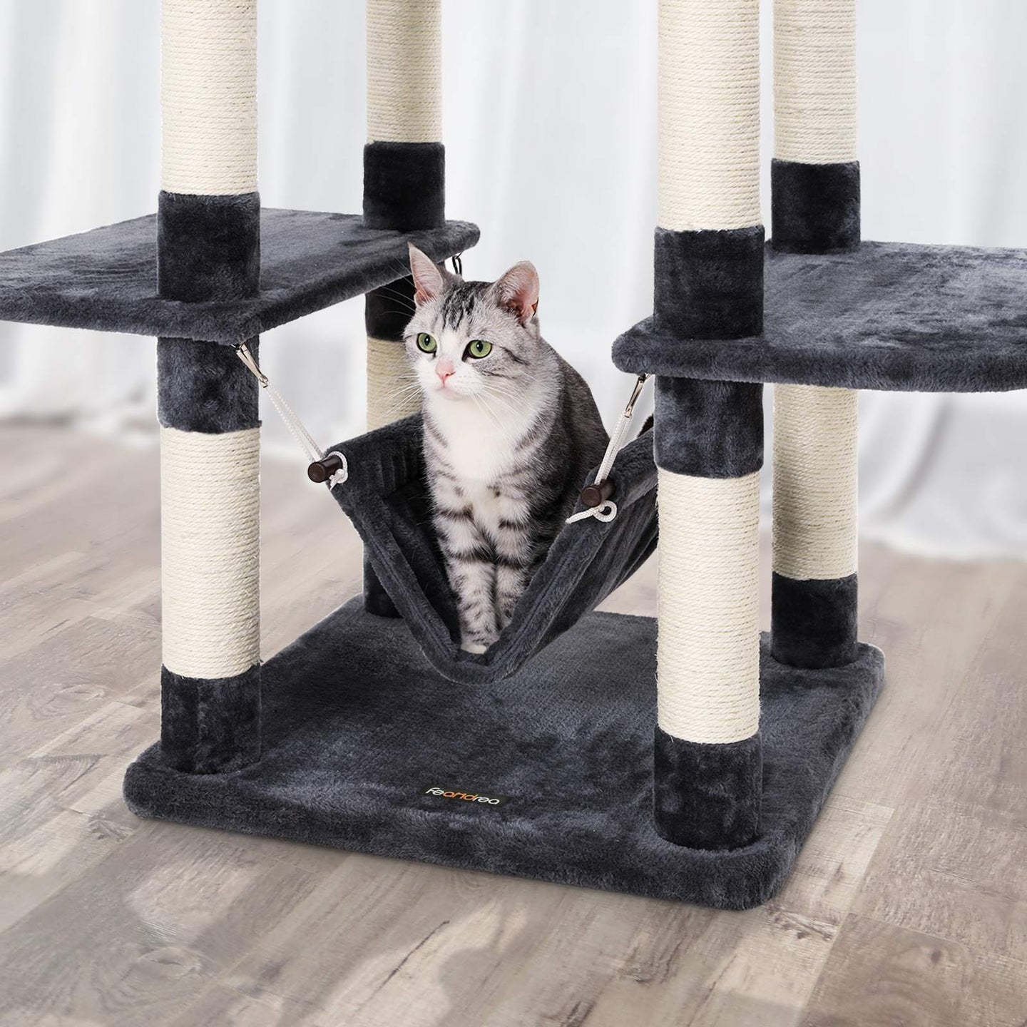 Cat Tree - Engineered Wood - Grey - Multi-Level with Hammock and Scratching Post