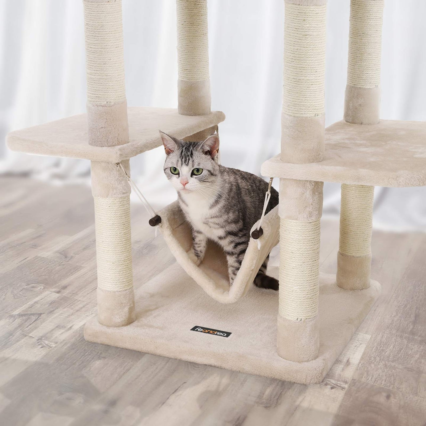 Cat Tree - Engineered Wood - Grey - Multi-Level with Hammock and Scratching Post