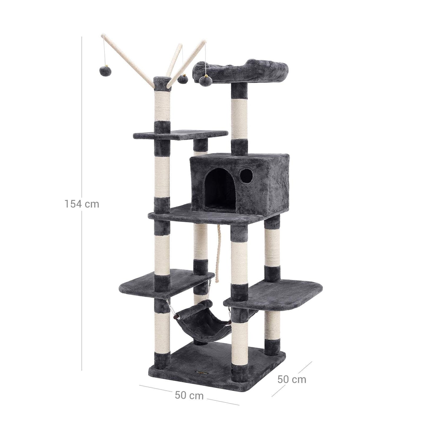Cat Tree - Engineered Wood - Grey - Multi-Level with Hammock and Scratching Post