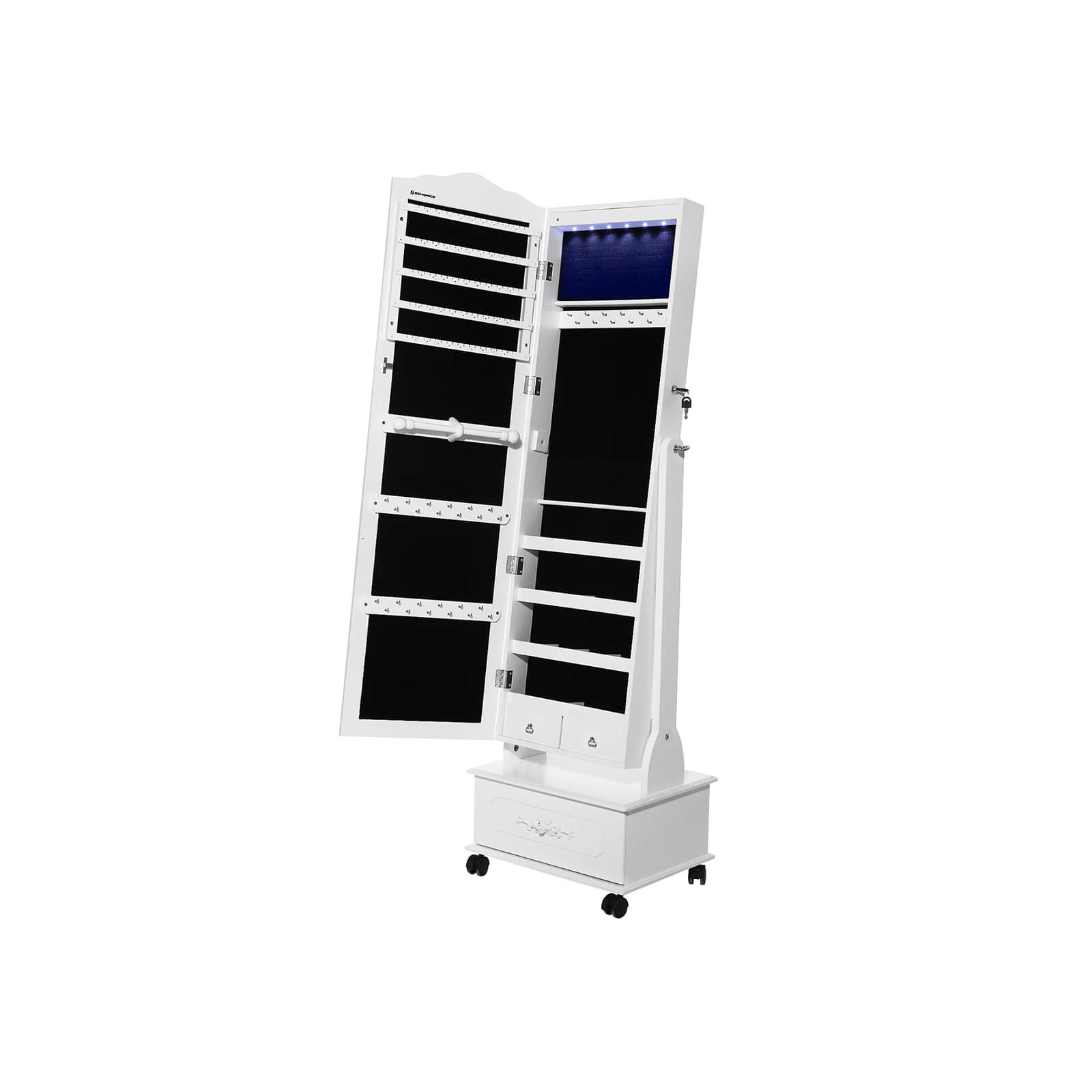 Jewellery Cabinet - Wood - White - Lockable with LED Light and Carving Design