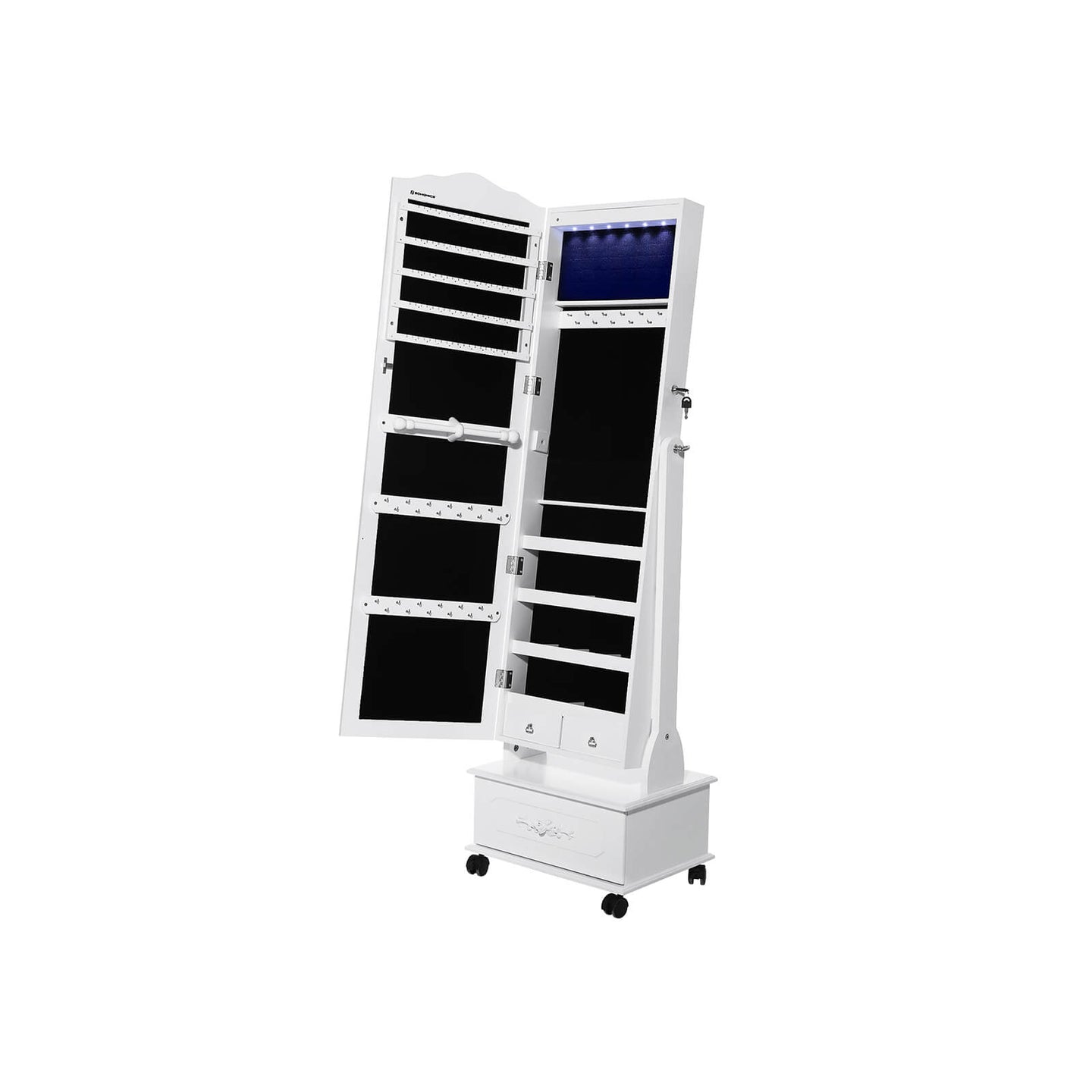 Jewellery Cabinet - Wood - White - Lockable with LED Light and Carving Design