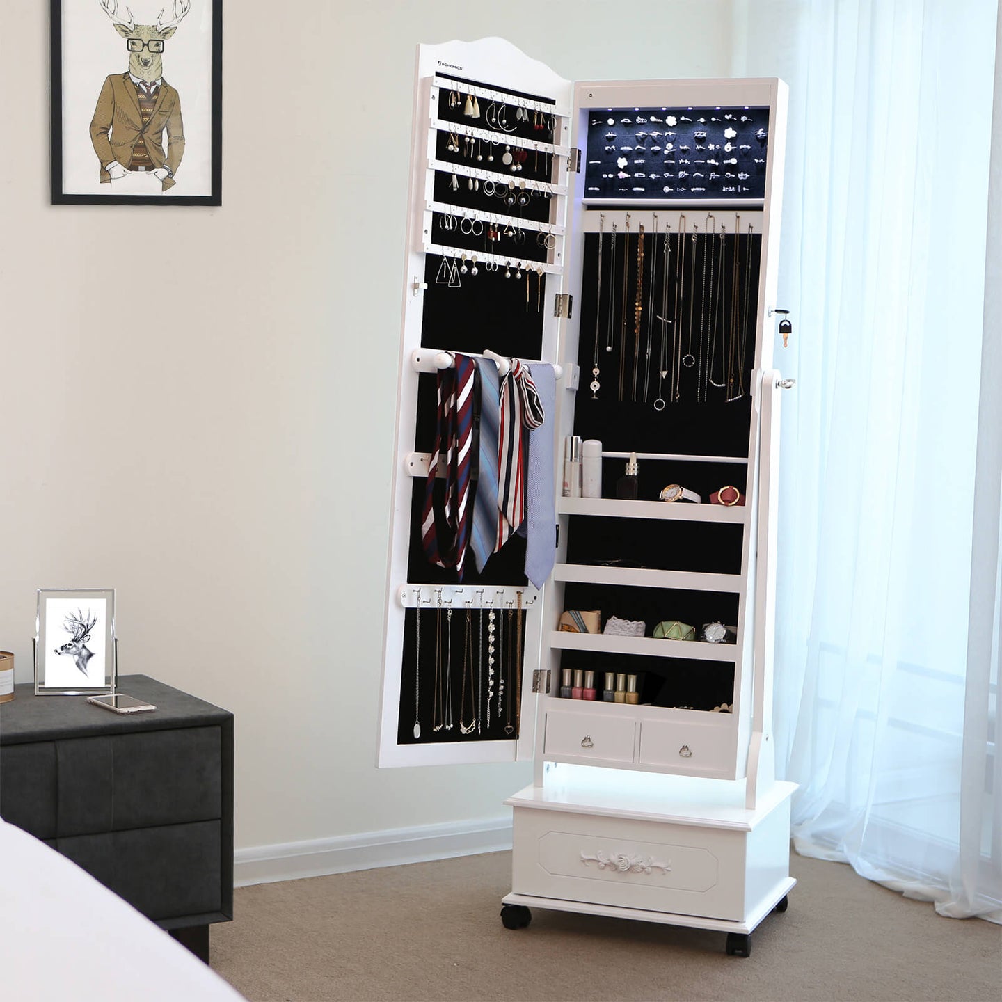 Jewellery Cabinet - Wood - White - Lockable with LED Light and Carving Design