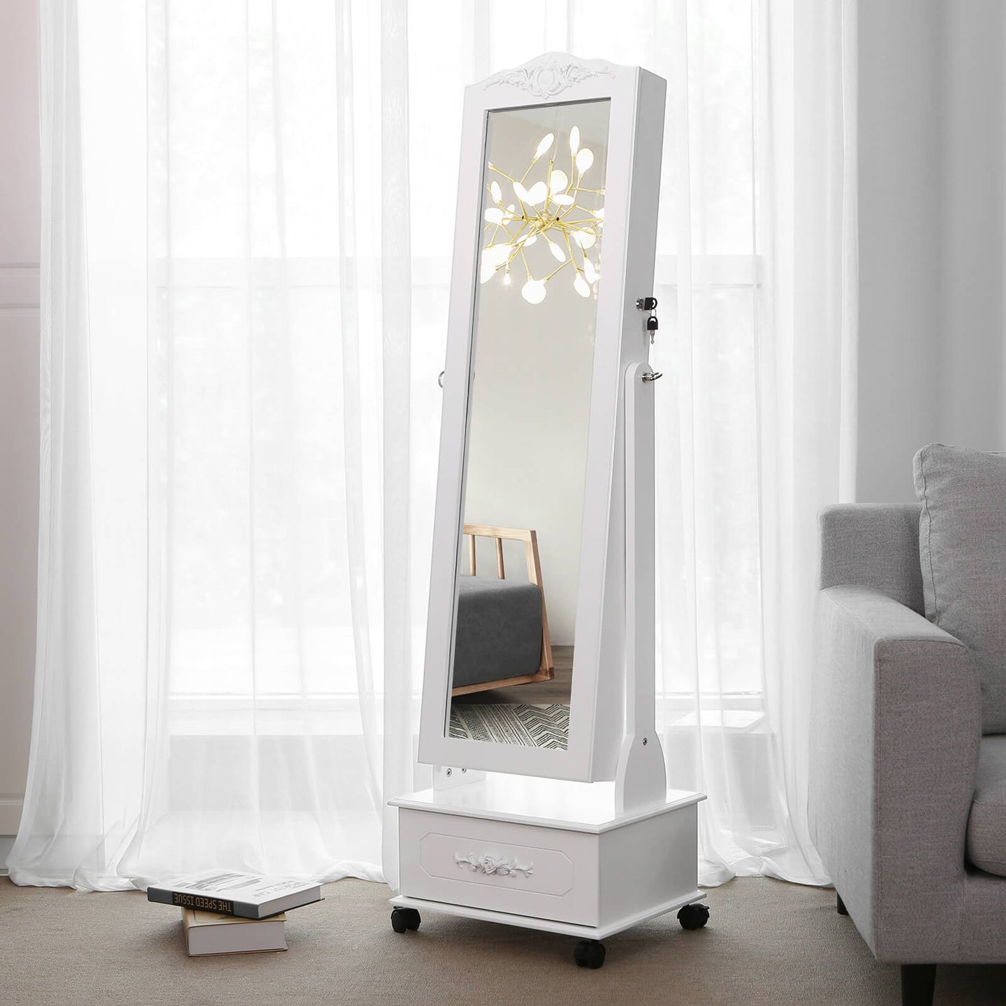 Jewellery Cabinet - Wood - White - Lockable with LED Light and Carving Design