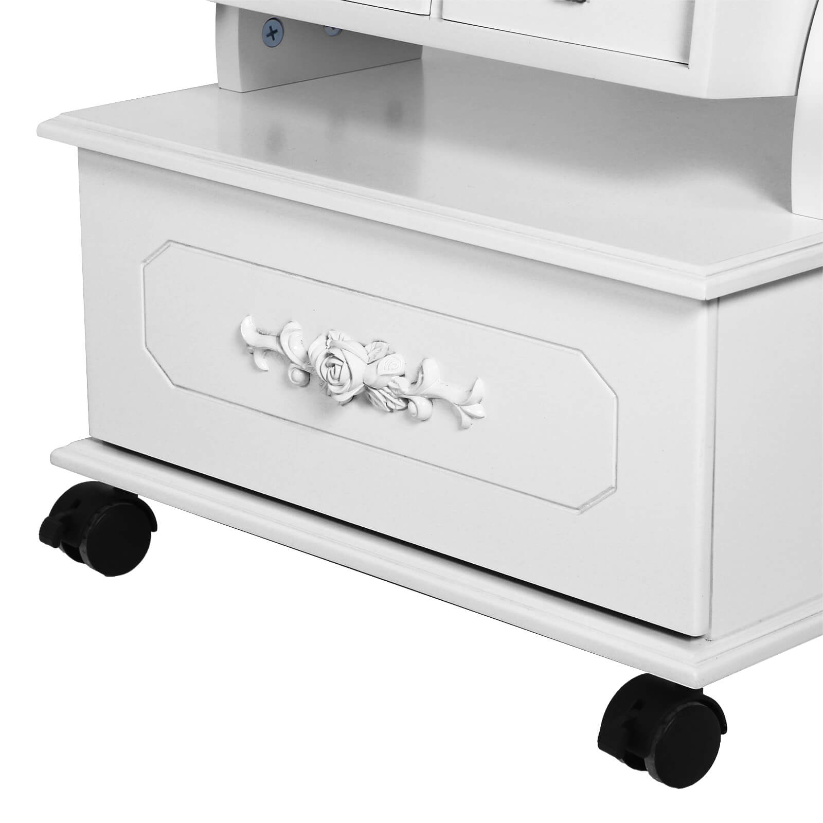 Jewellery Cabinet - Wood - White - Lockable with LED Light and Carving Design