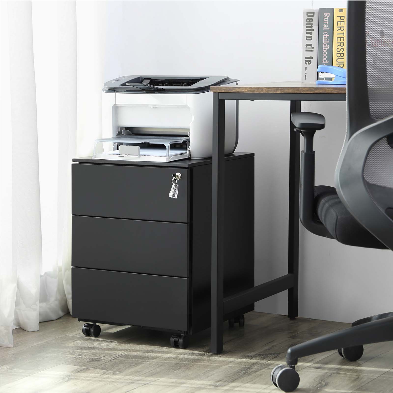 Mobile File Cabinet - Metal - Matte Black - Lockable with 3 Drawers