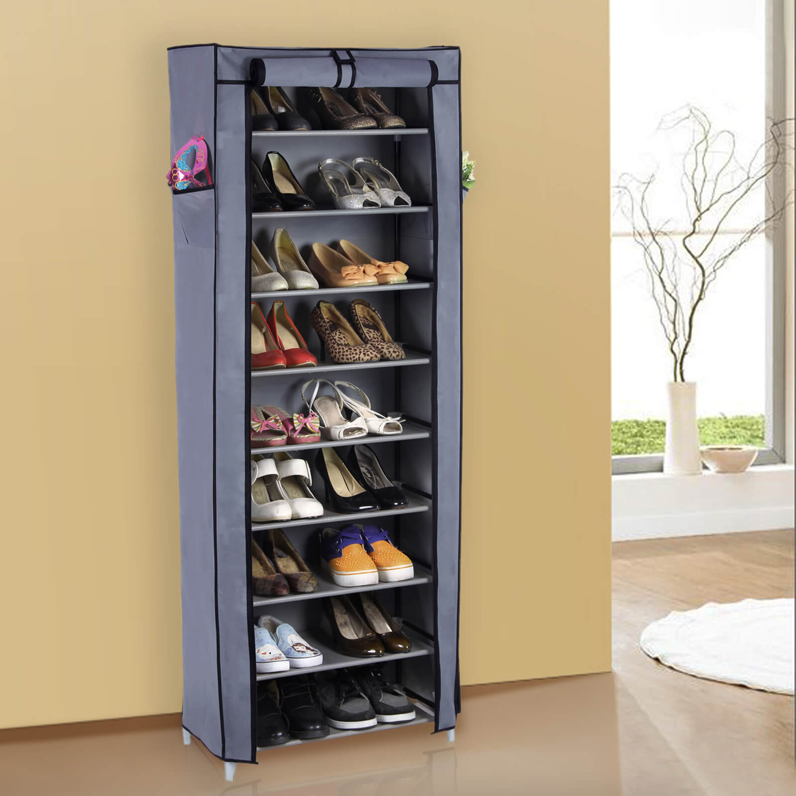 Shoe Rack Cabinet - Metal - Black - 10-Tier Storage for 27 Pairs