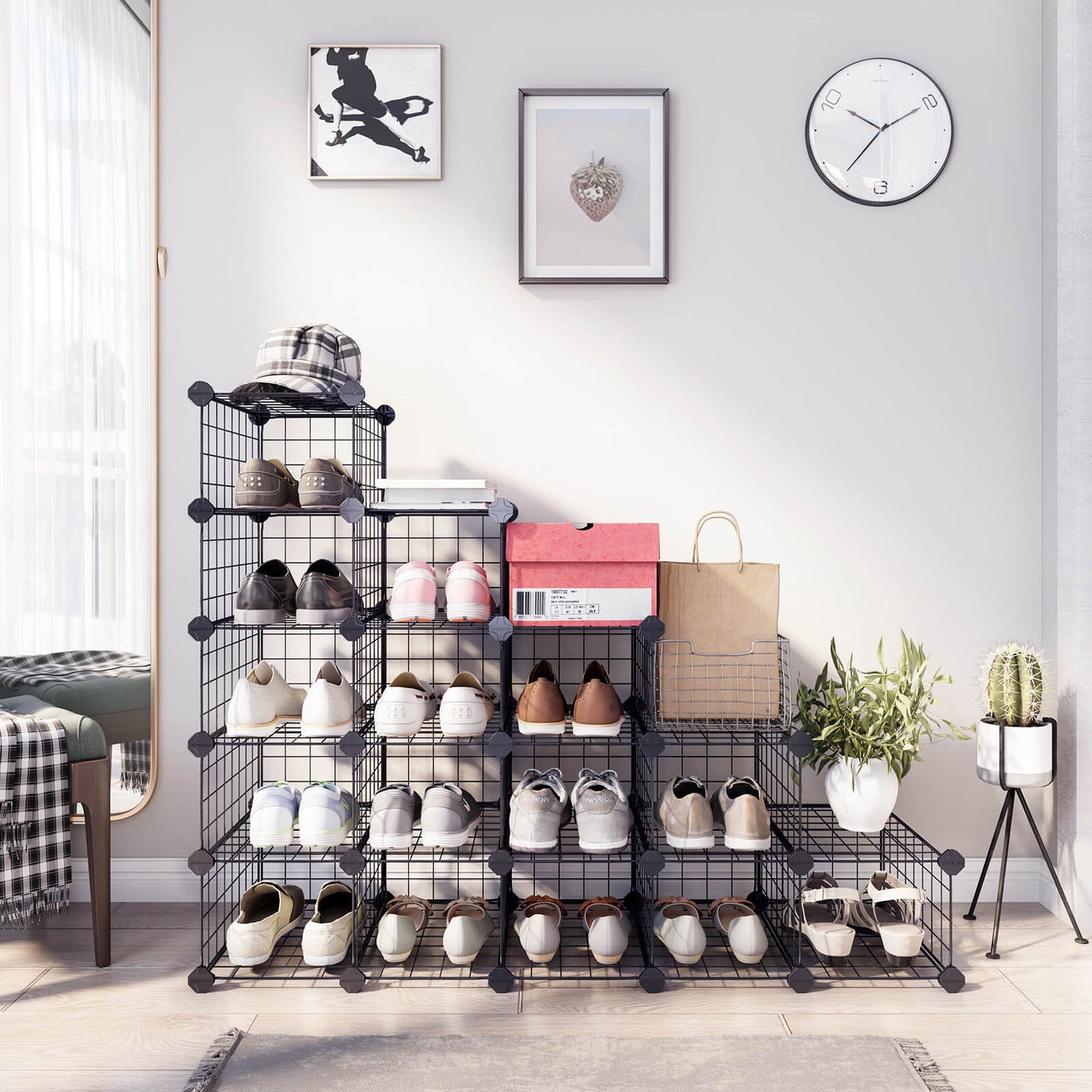 Modular Cube Shoe Organizer - Metal Wire - White - DIY Closet Cabinet with Modular Shelving Grids