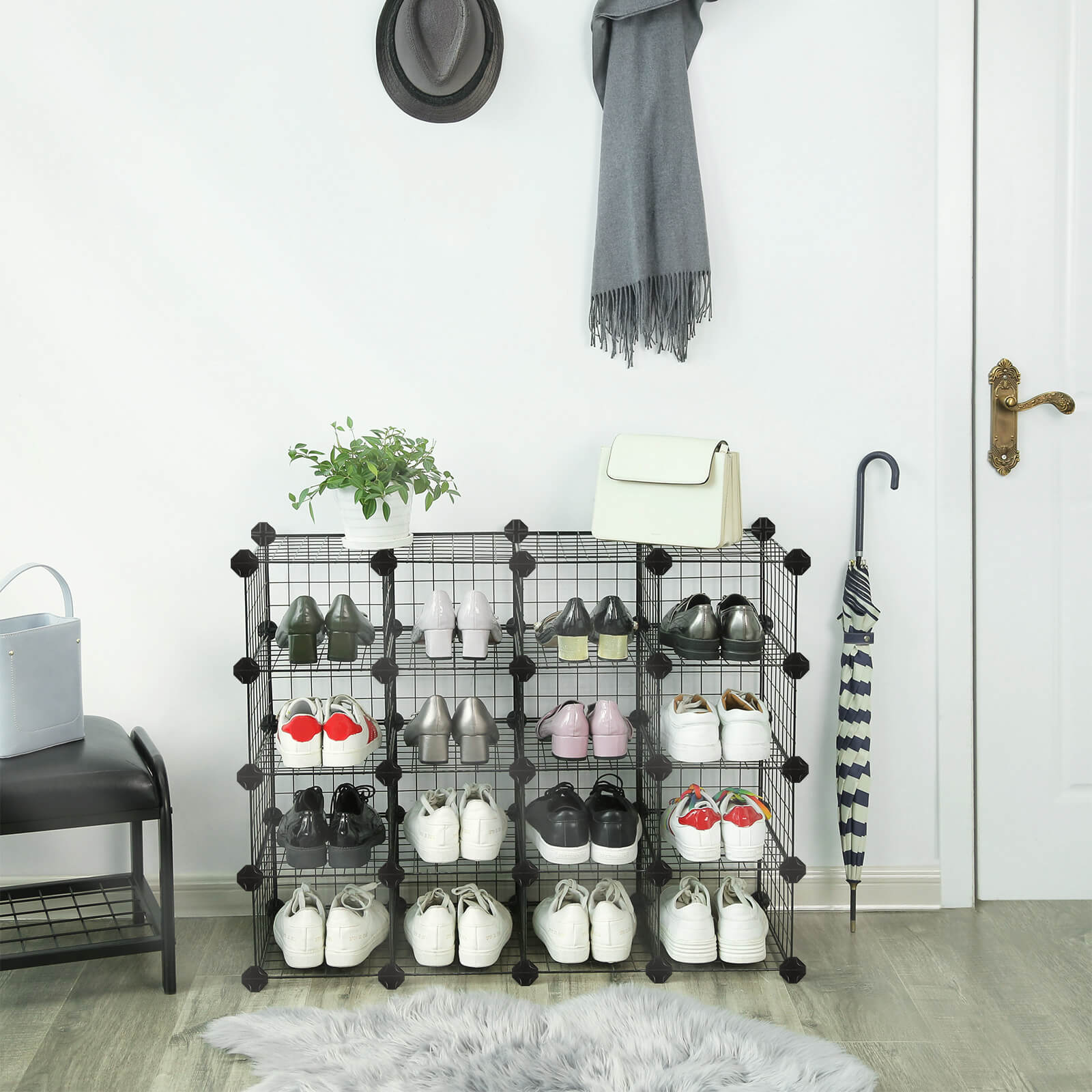 Modular Cube Shoe Organizer - Metal Wire - White - DIY Closet Cabinet with Modular Shelving Grids