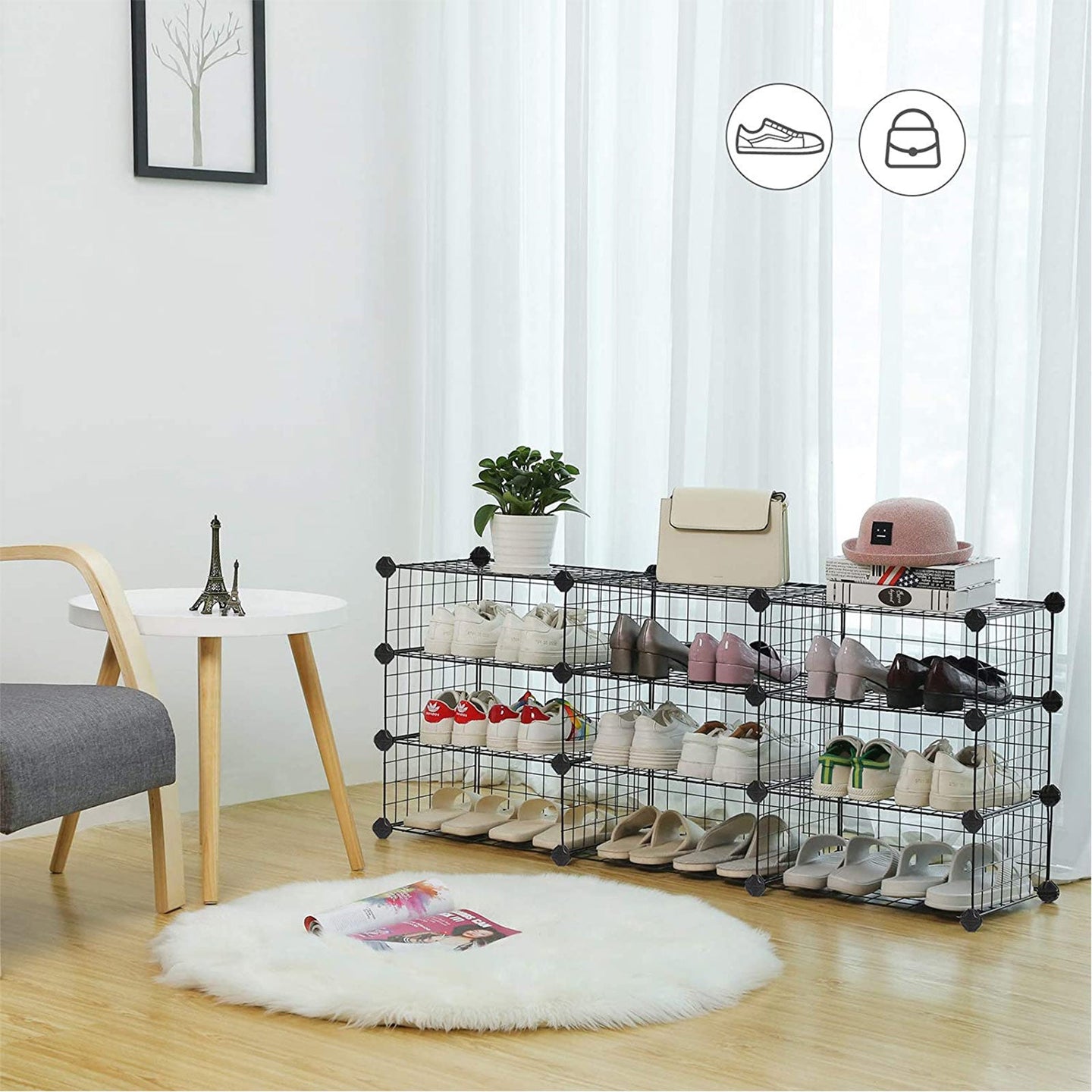 Modular Storage Shelf Unit - Metal Wire - Black - Interlocking Design for Entryway Closet