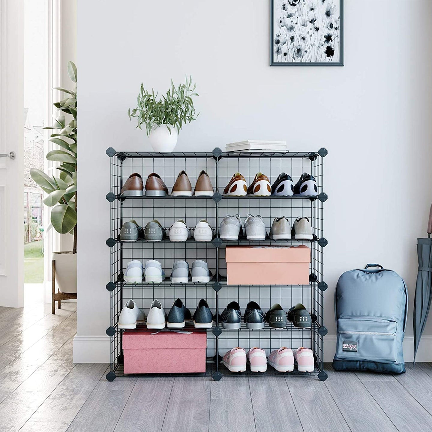 Modular Storage Shelf Unit - Metal Wire - Black - Interlocking Design for Entryway Closet