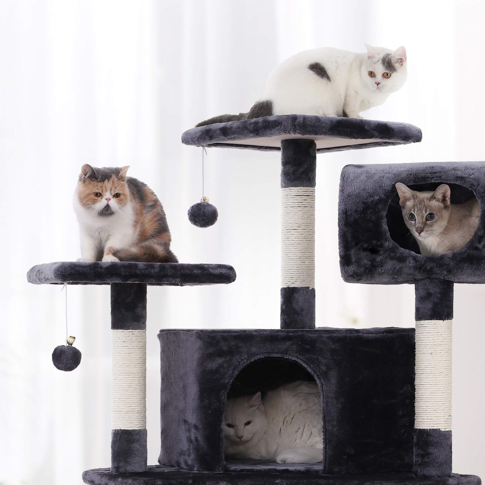 Multi-Level Cat Tree - Engineered Wood - Smoky Grey - Spacious Design