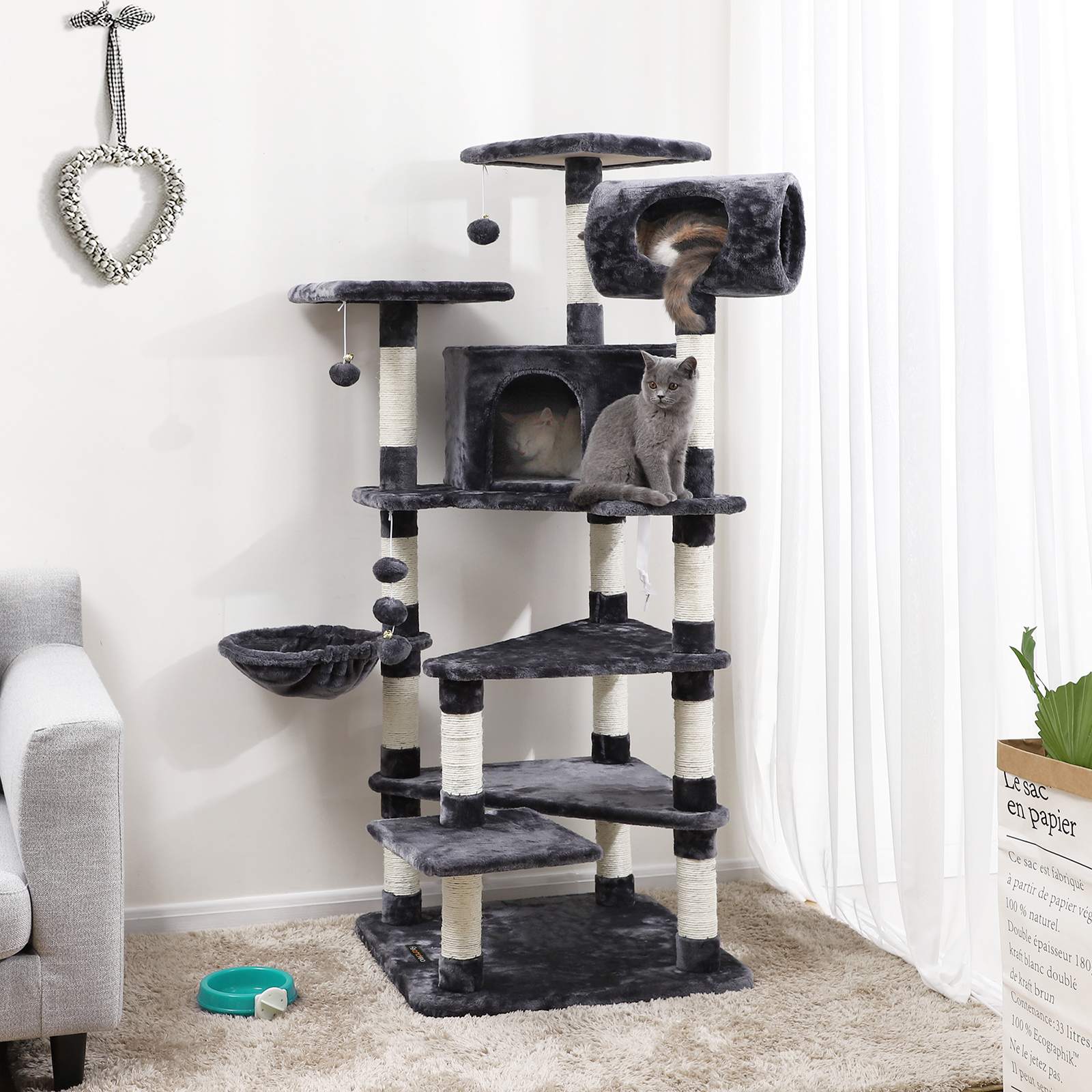 Multi-Level Cat Tree - Engineered Wood - Smoky Grey - Spacious Design